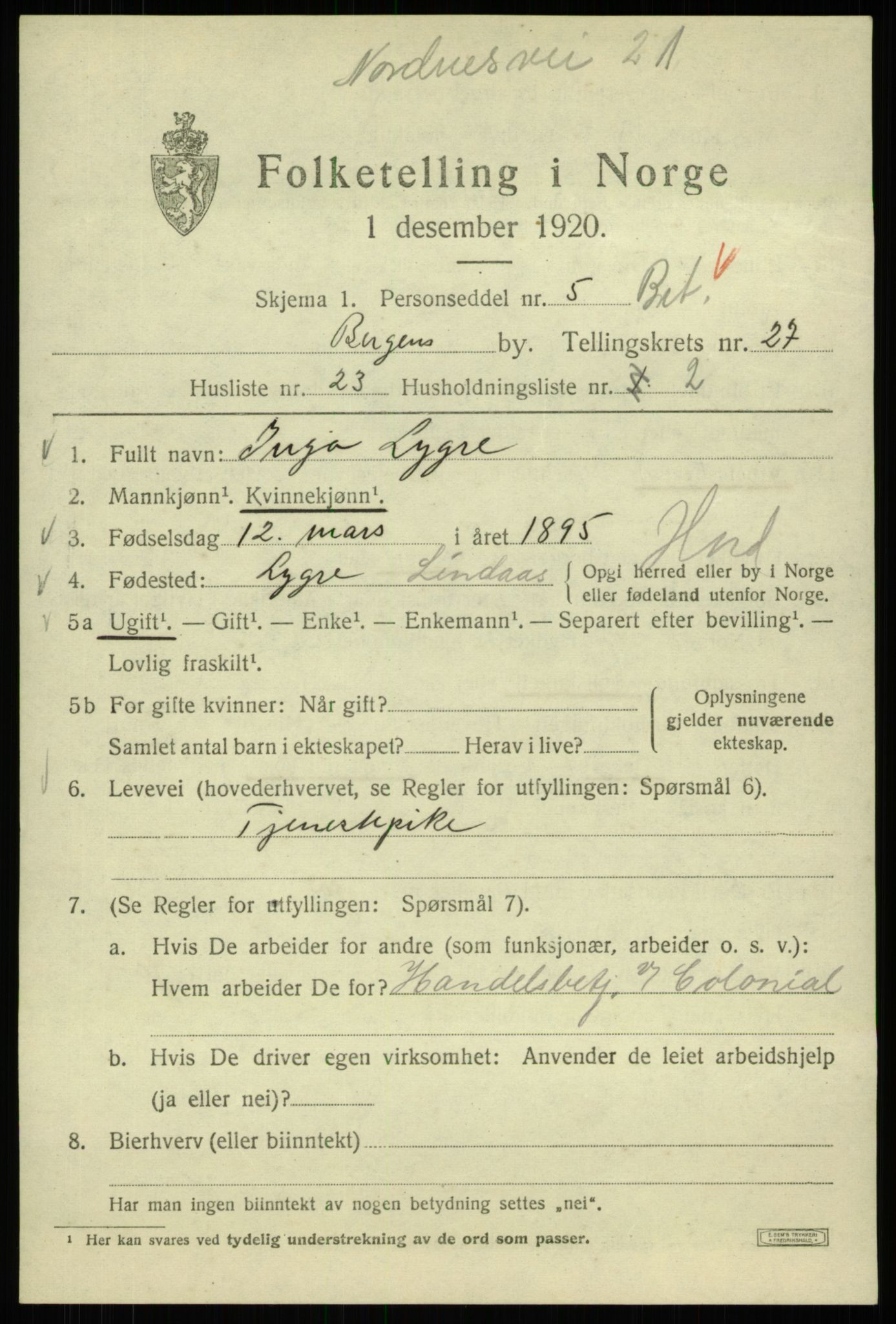 SAB, 1920 census for Bergen, 1920, p. 91779