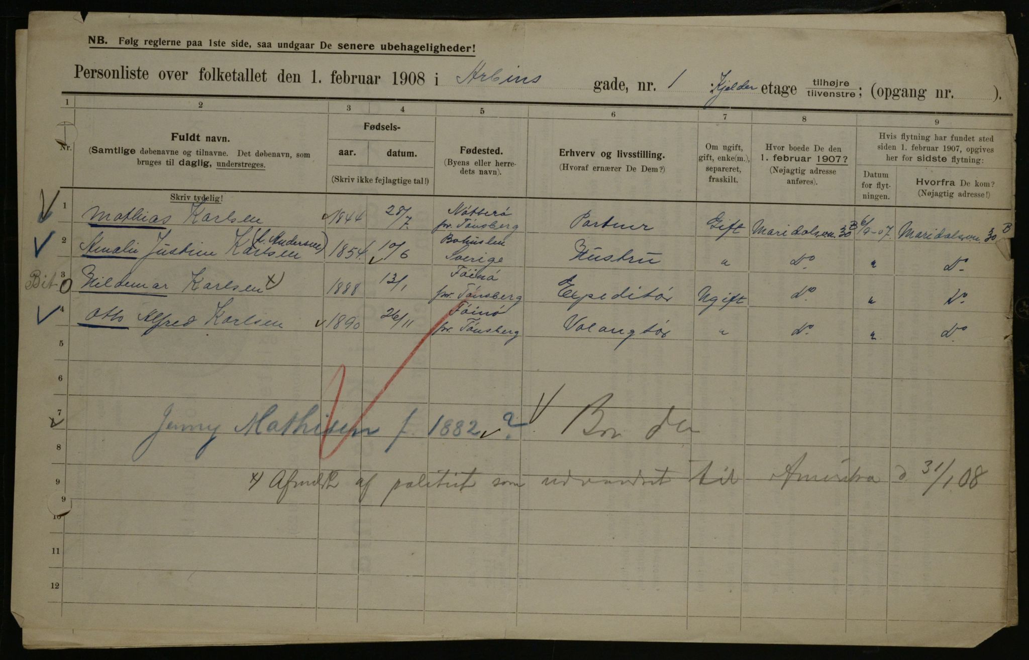 OBA, Municipal Census 1908 for Kristiania, 1908, p. 1741