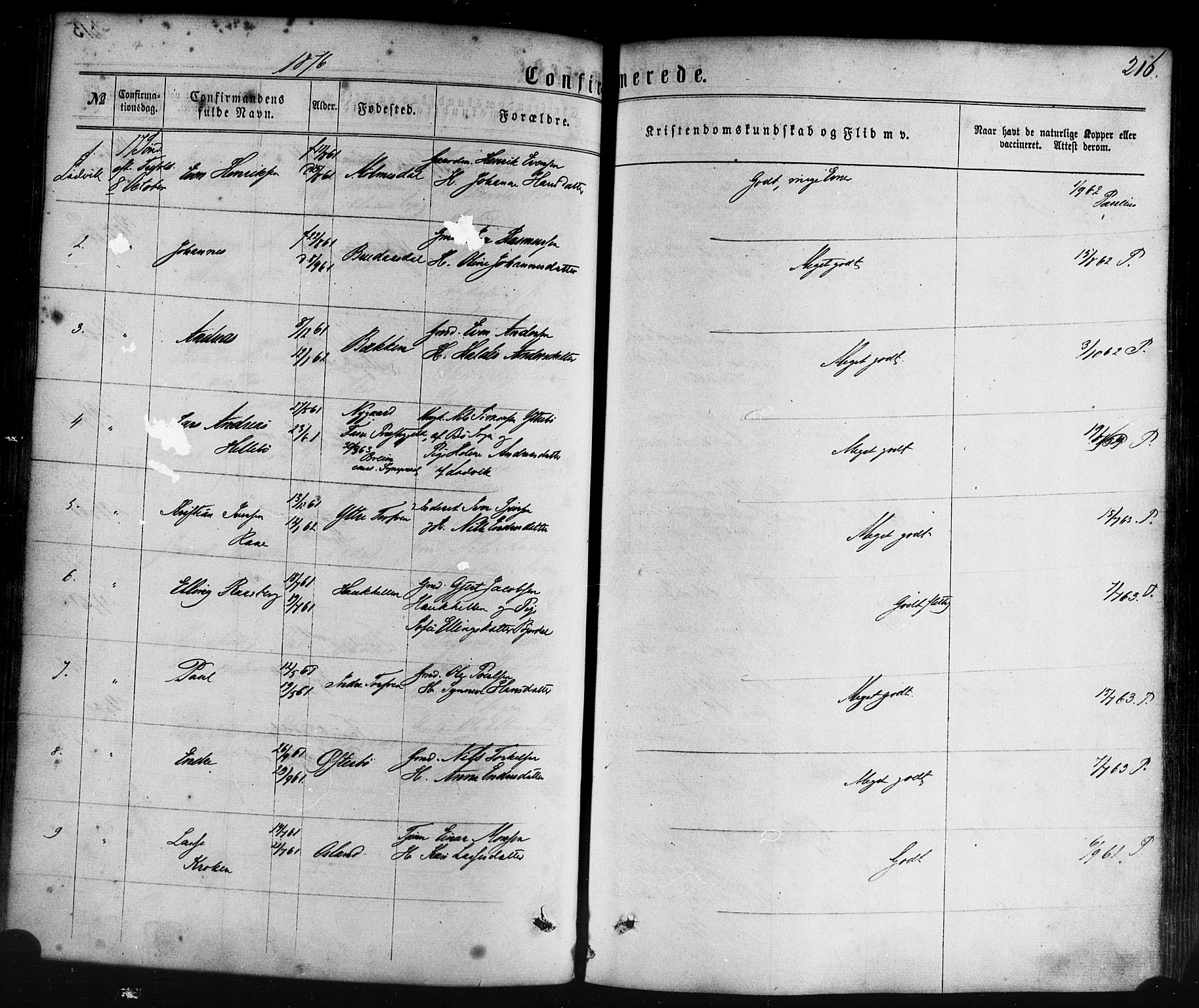 Lavik sokneprestembete, SAB/A-80901: Parish register (official) no. A 4, 1864-1881, p. 216