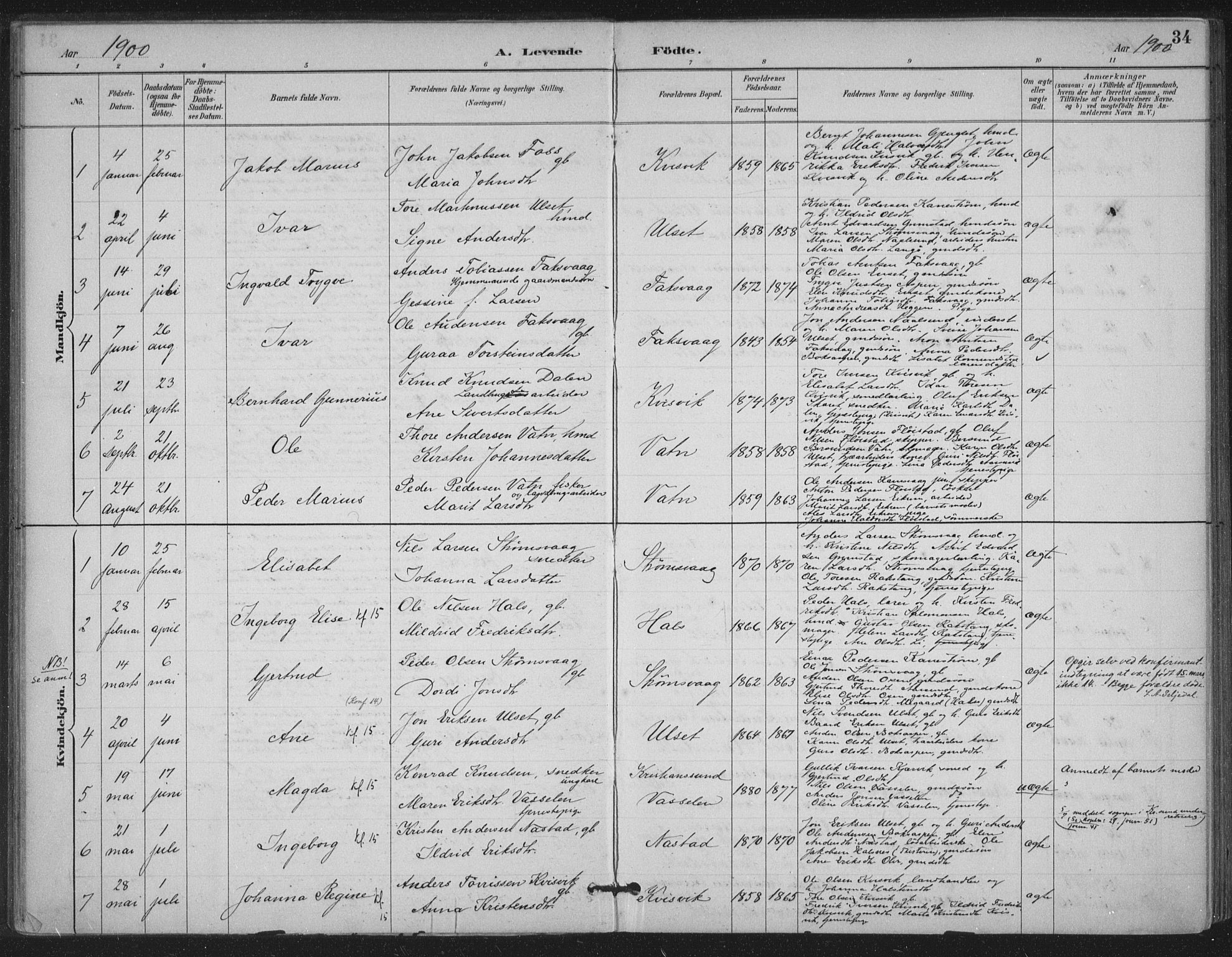 Ministerialprotokoller, klokkerbøker og fødselsregistre - Møre og Romsdal, AV/SAT-A-1454/587/L1000: Parish register (official) no. 587A02, 1887-1910, p. 34