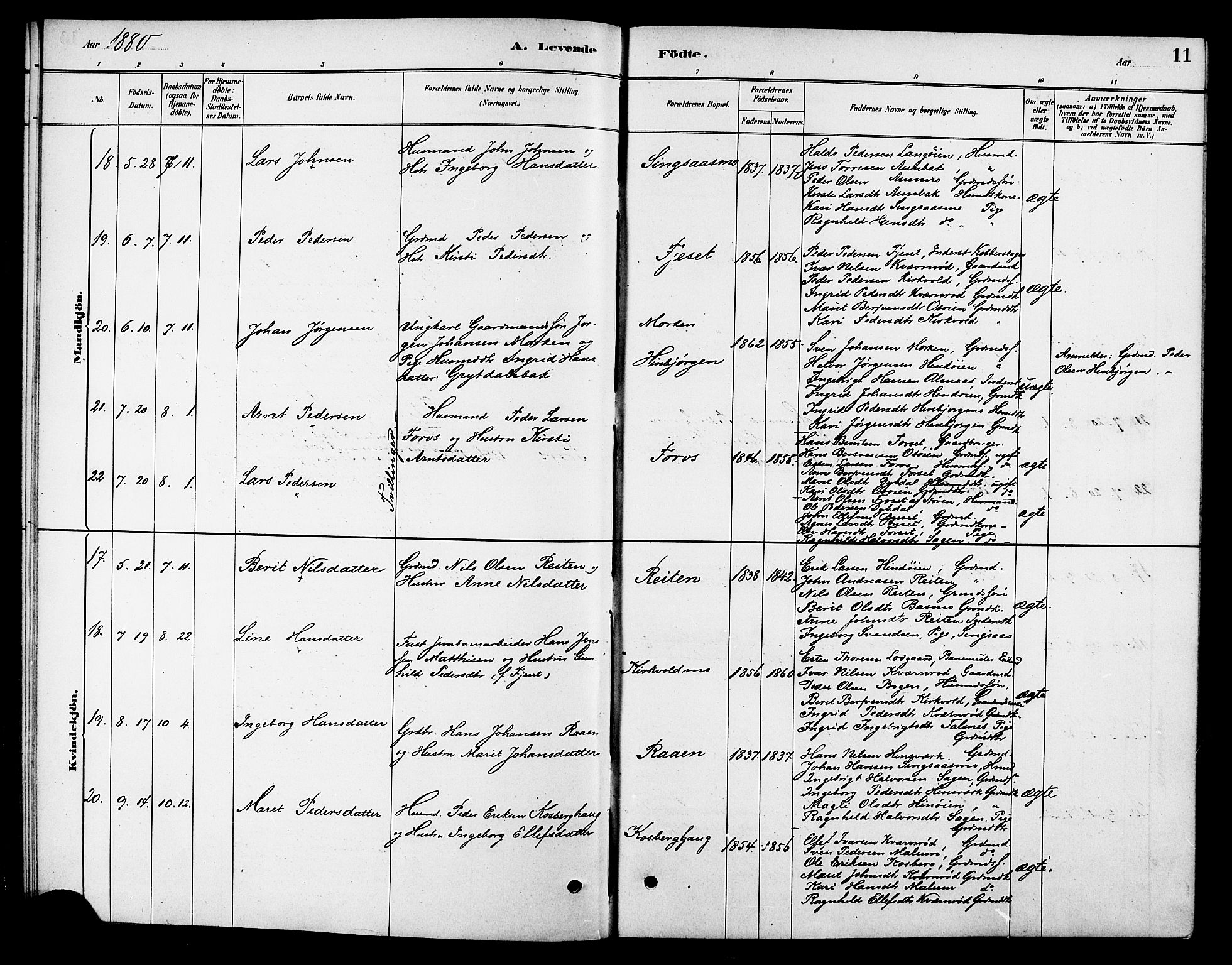Ministerialprotokoller, klokkerbøker og fødselsregistre - Sør-Trøndelag, AV/SAT-A-1456/688/L1024: Parish register (official) no. 688A01, 1879-1890, p. 11