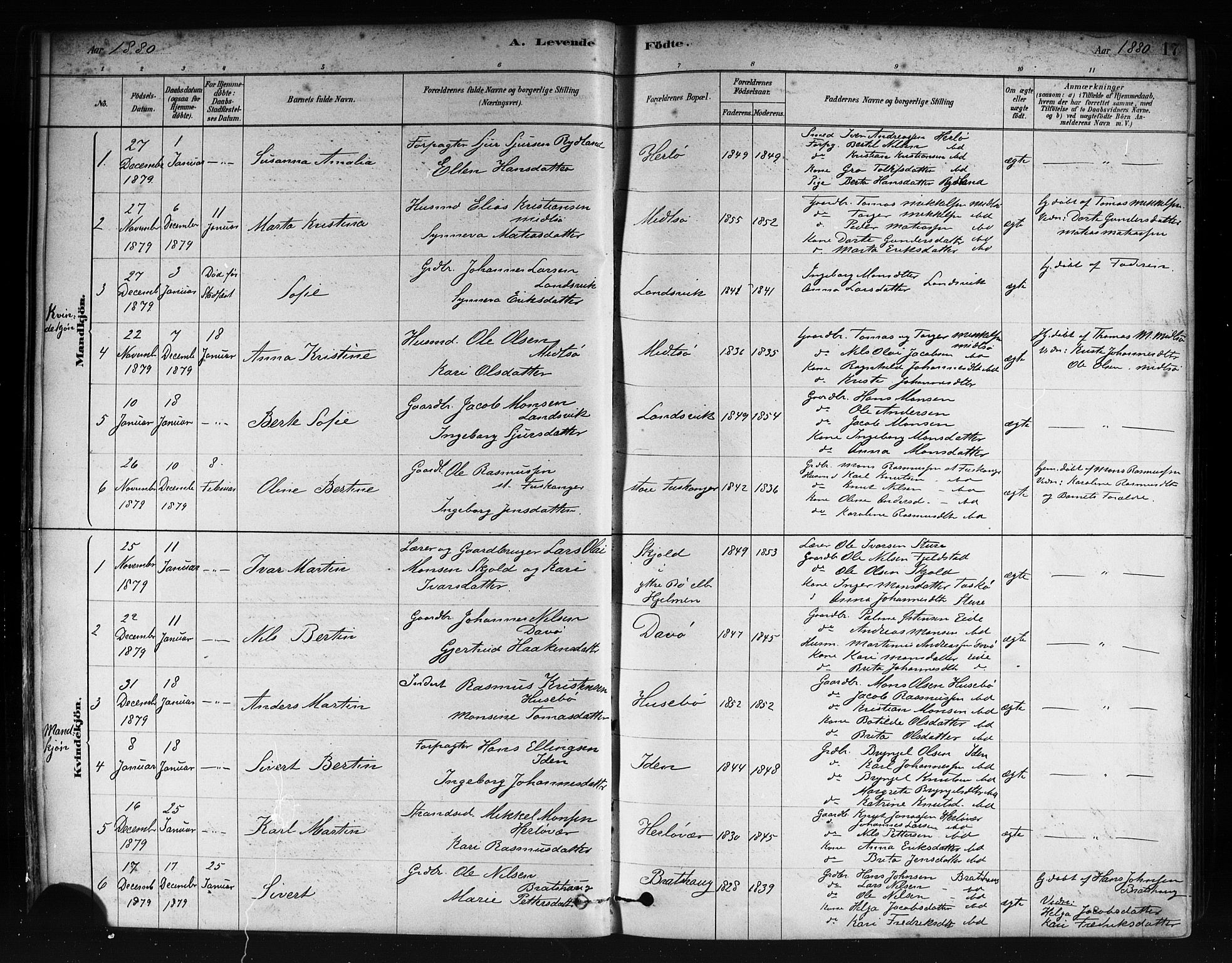 Herdla Sokneprestembete, AV/SAB-A-75701/H/Haa: Parish register (official) no. A 3, 1878-1890, p. 17