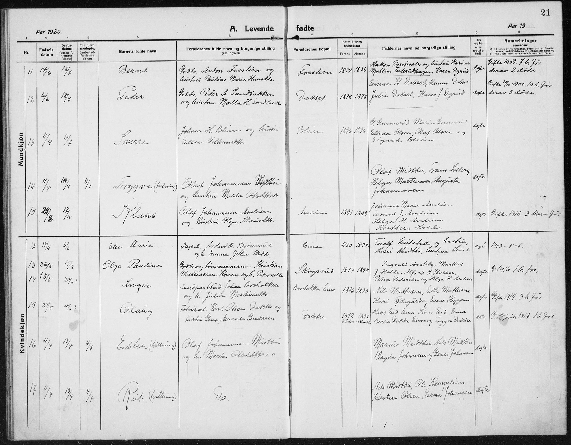 Kolbu prestekontor, AV/SAH-PREST-110/H/Ha/Hab/L0006: Parish register (copy) no. 6, 1916-1934, p. 21