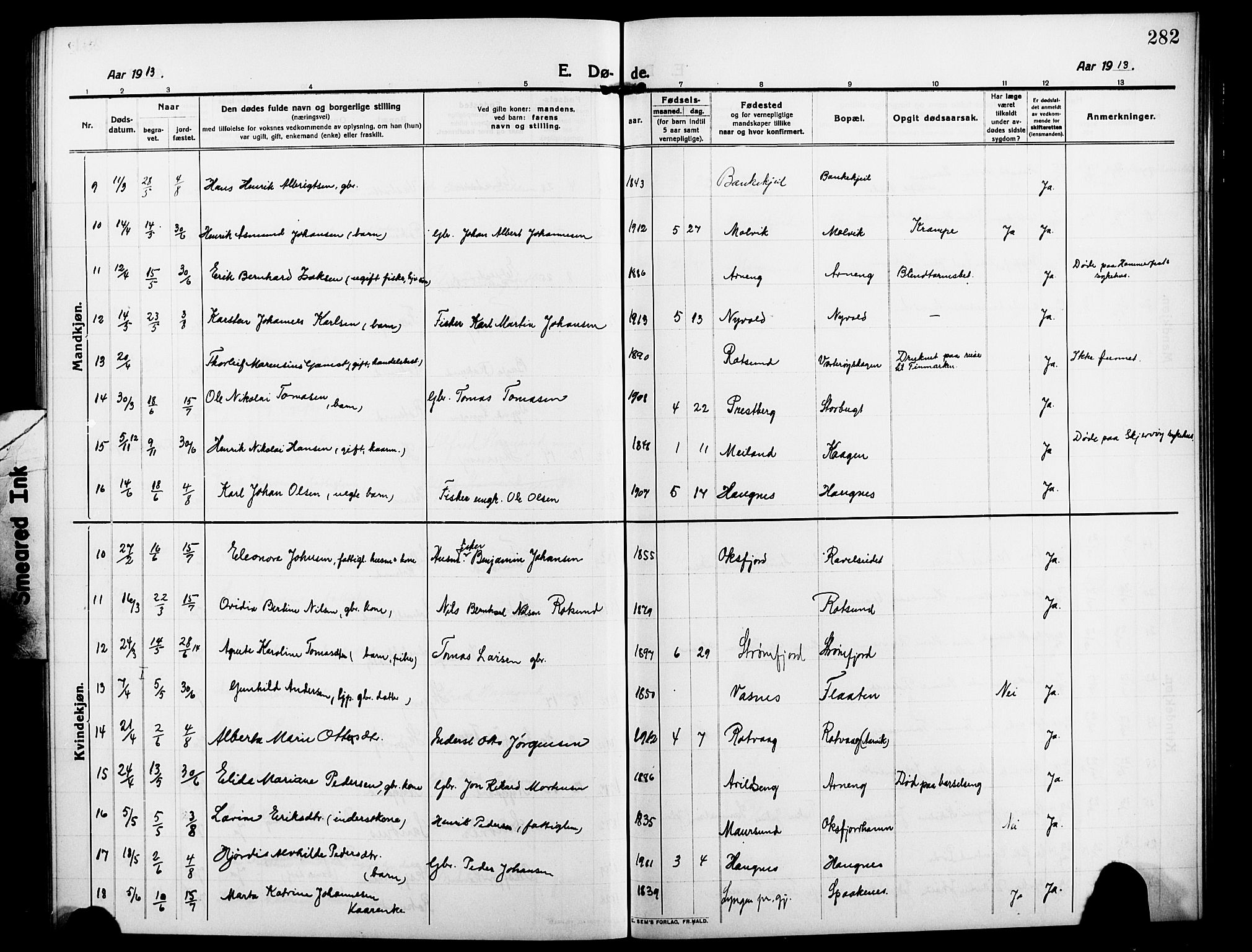 Skjervøy sokneprestkontor, AV/SATØ-S-1300/H/Ha/Hab/L0009klokker: Parish register (copy) no. 9, 1911-1926, p. 282