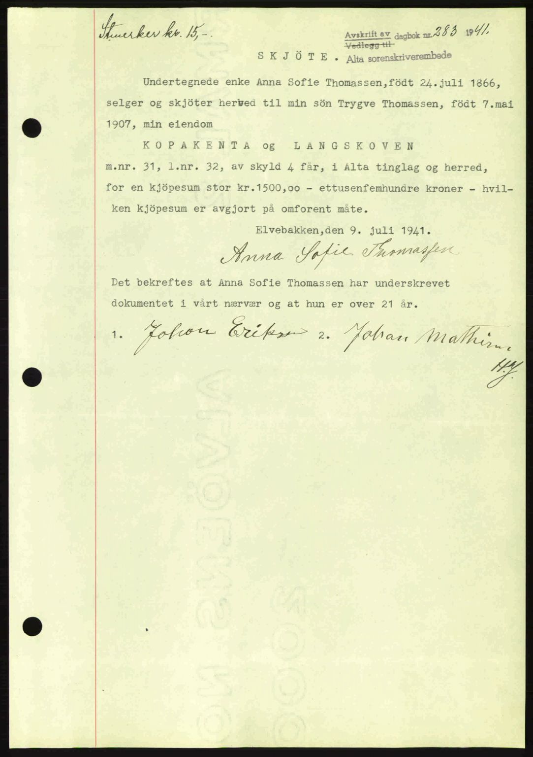 Alta fogderi/sorenskriveri, SATØ/SATØ-5/1/K/Kd/L0033pantebok: Mortgage book no. 33, 1940-1943, Diary no: : 283/1941