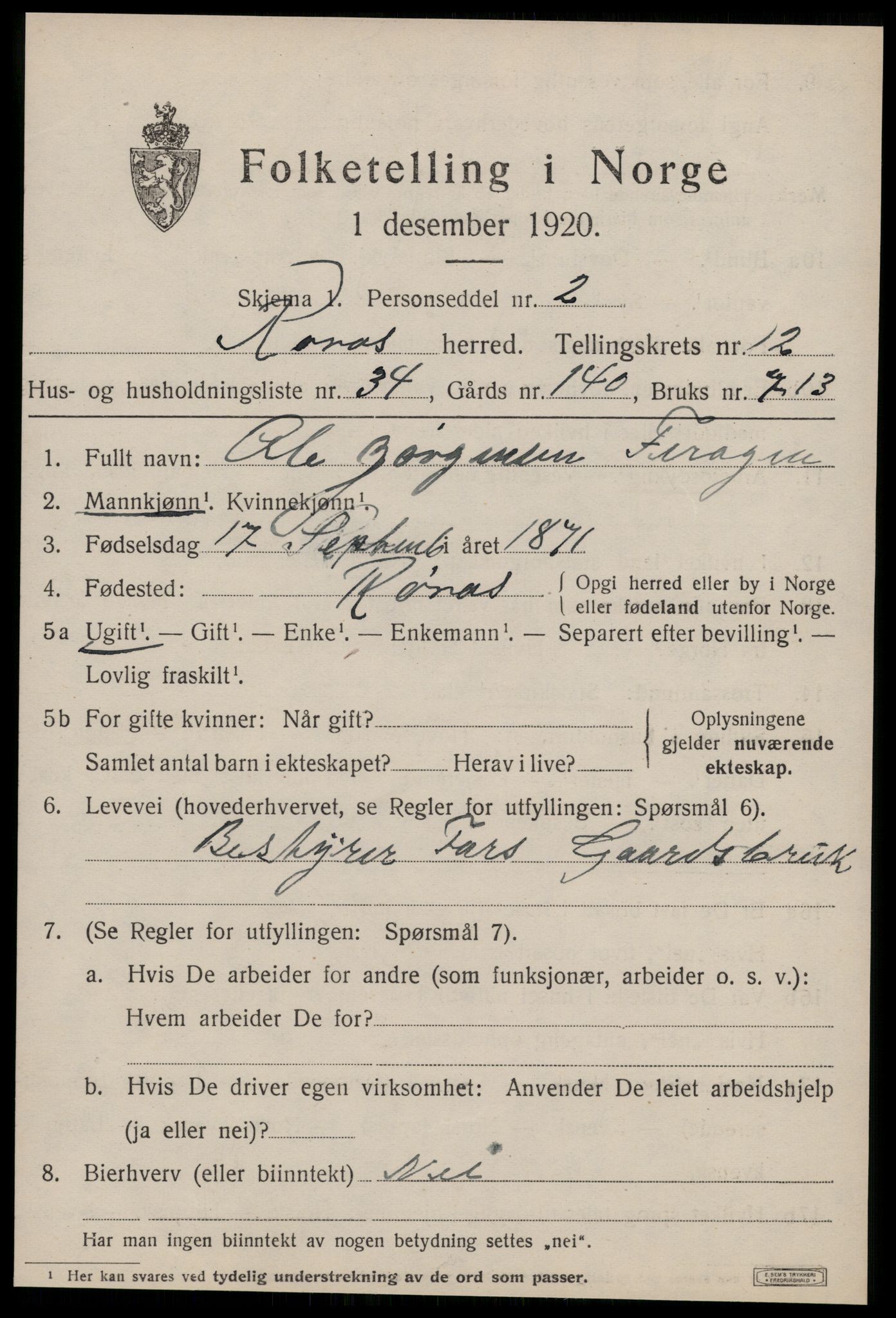 SAT, 1920 census for Røros, 1920, p. 9358