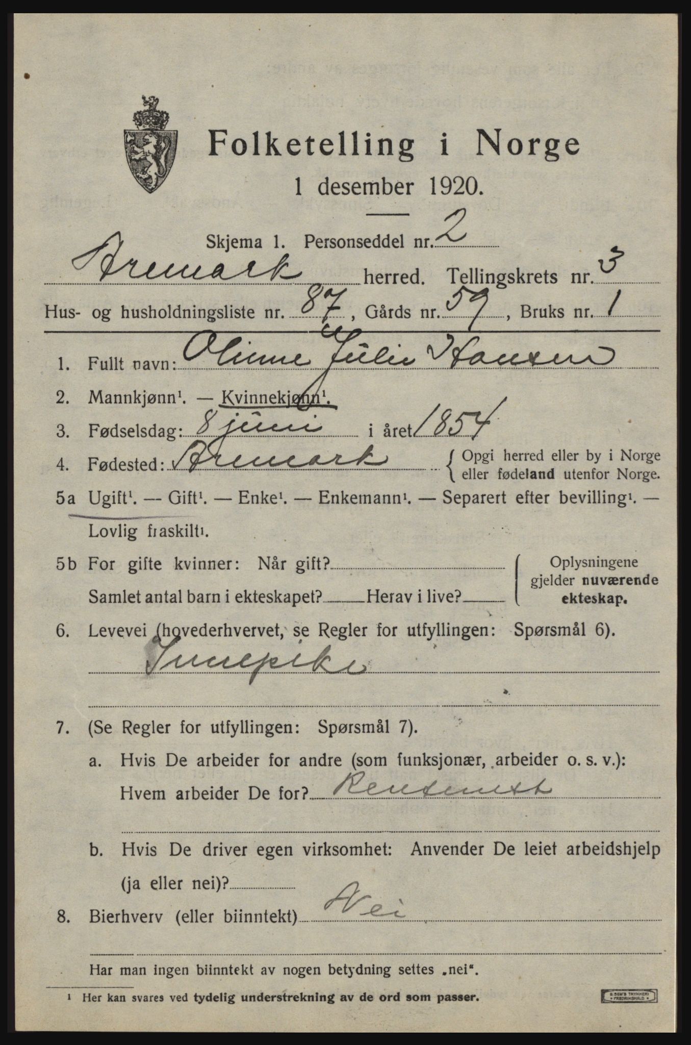 SAO, 1920 census for Aremark, 1920, p. 3119