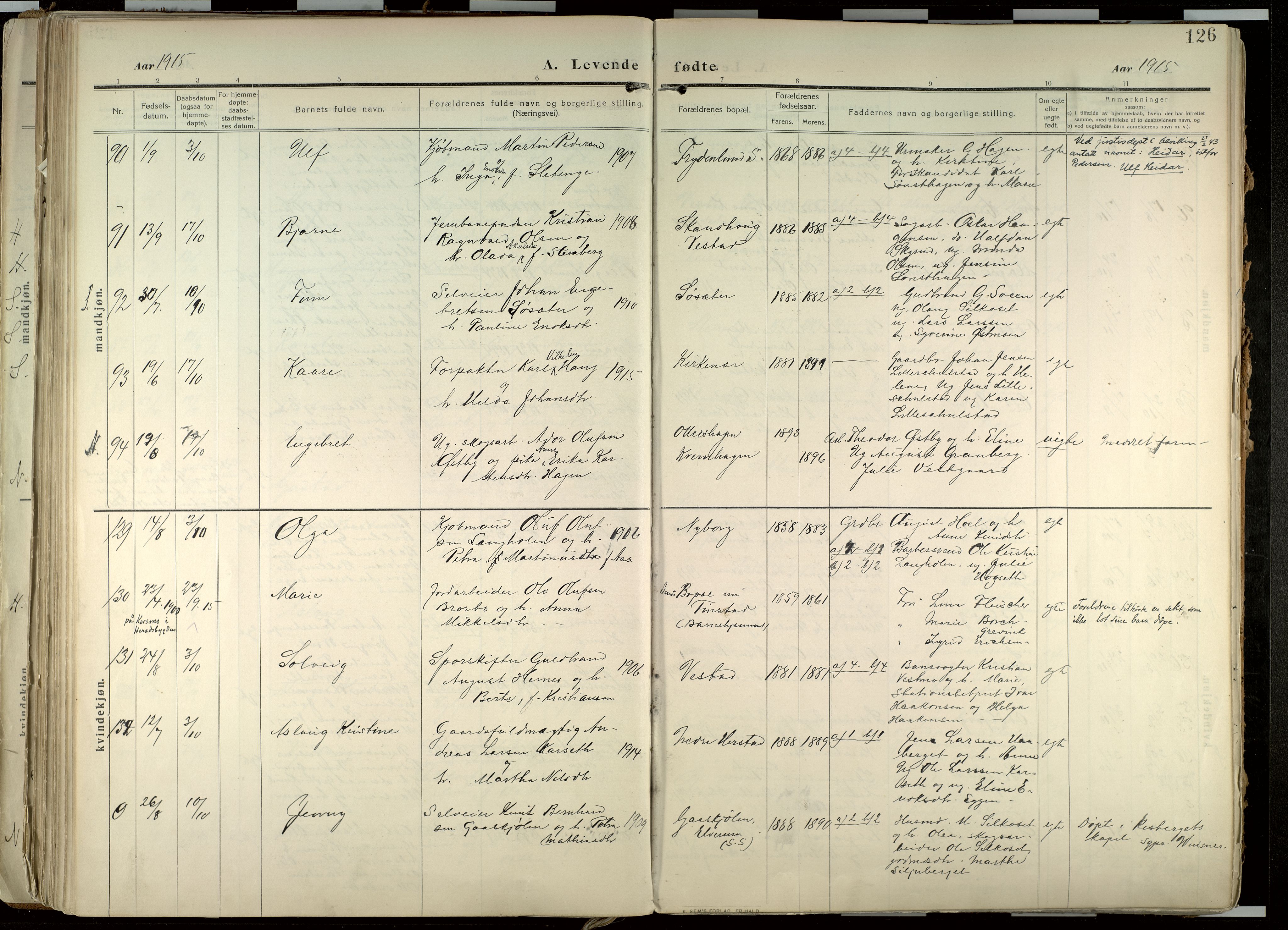 Elverum prestekontor, AV/SAH-PREST-044/H/Ha/Haa/L0020: Parish register (official) no. 20, 1909-1921, p. 126