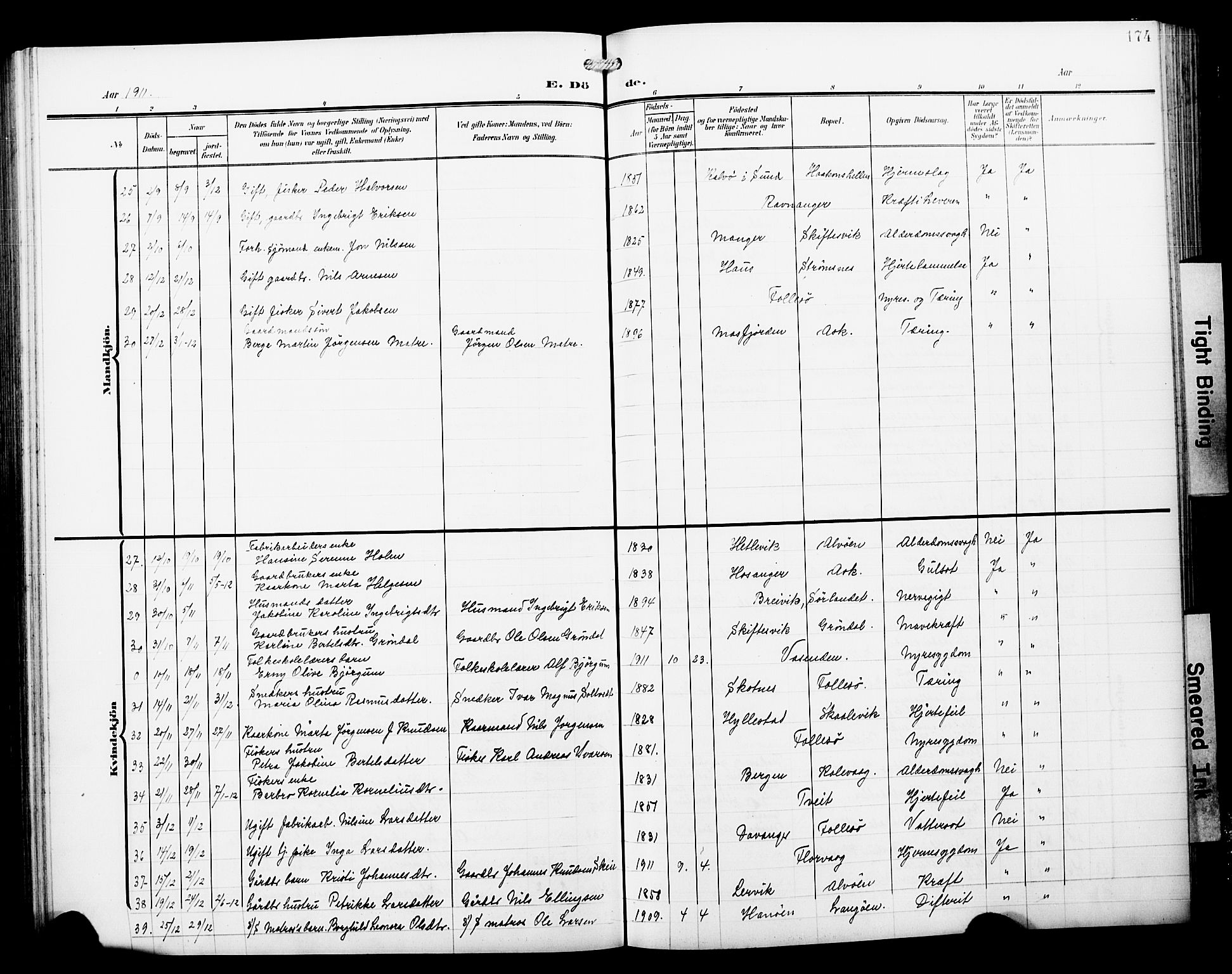 Askøy Sokneprestembete, AV/SAB-A-74101/H/Ha/Hab/Haba/L0014: Parish register (copy) no. A 14, 1904-1927, p. 174