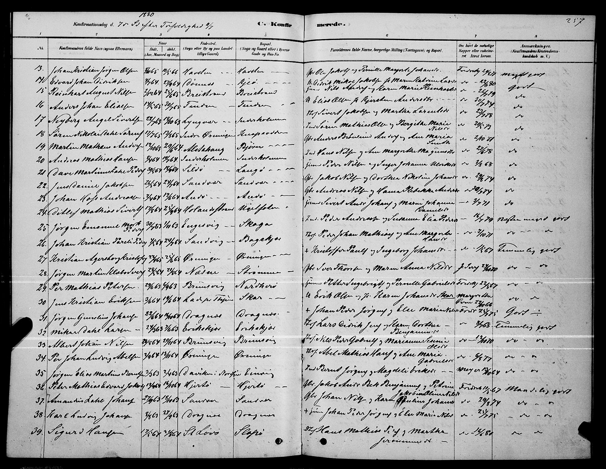 Ministerialprotokoller, klokkerbøker og fødselsregistre - Nordland, AV/SAT-A-1459/834/L0513: Parish register (copy) no. 834C04, 1877-1892, p. 257