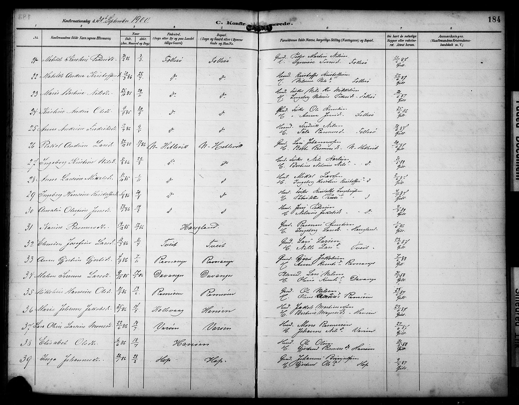 Askøy Sokneprestembete, AV/SAB-A-74101/H/Ha/Hab/Haba/L0009: Parish register (copy) no. A 9, 1894-1903, p. 184
