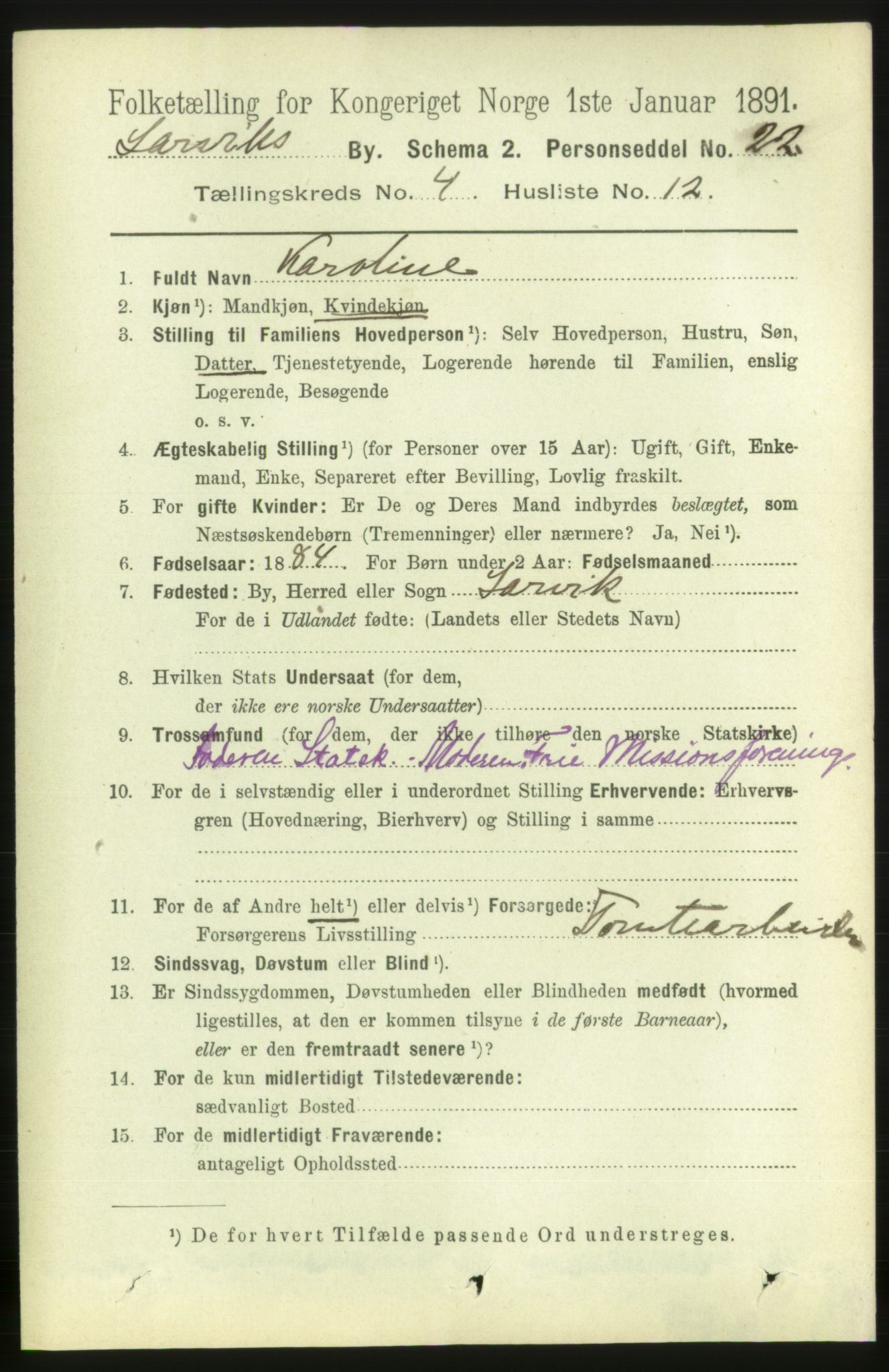 RA, 1891 census for 0707 Larvik, 1891, p. 5239