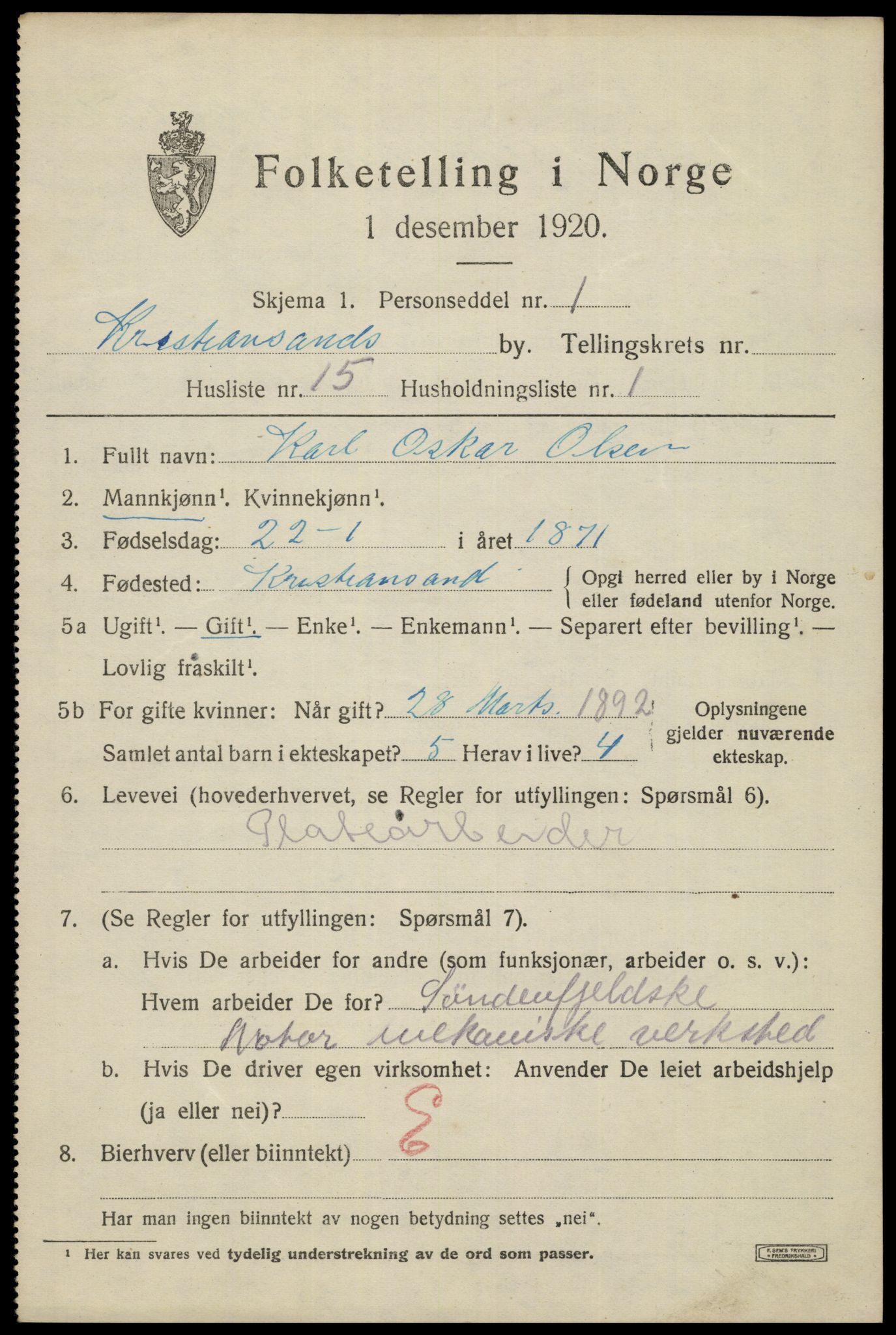 SAK, 1920 census for Kristiansand, 1920, p. 23909