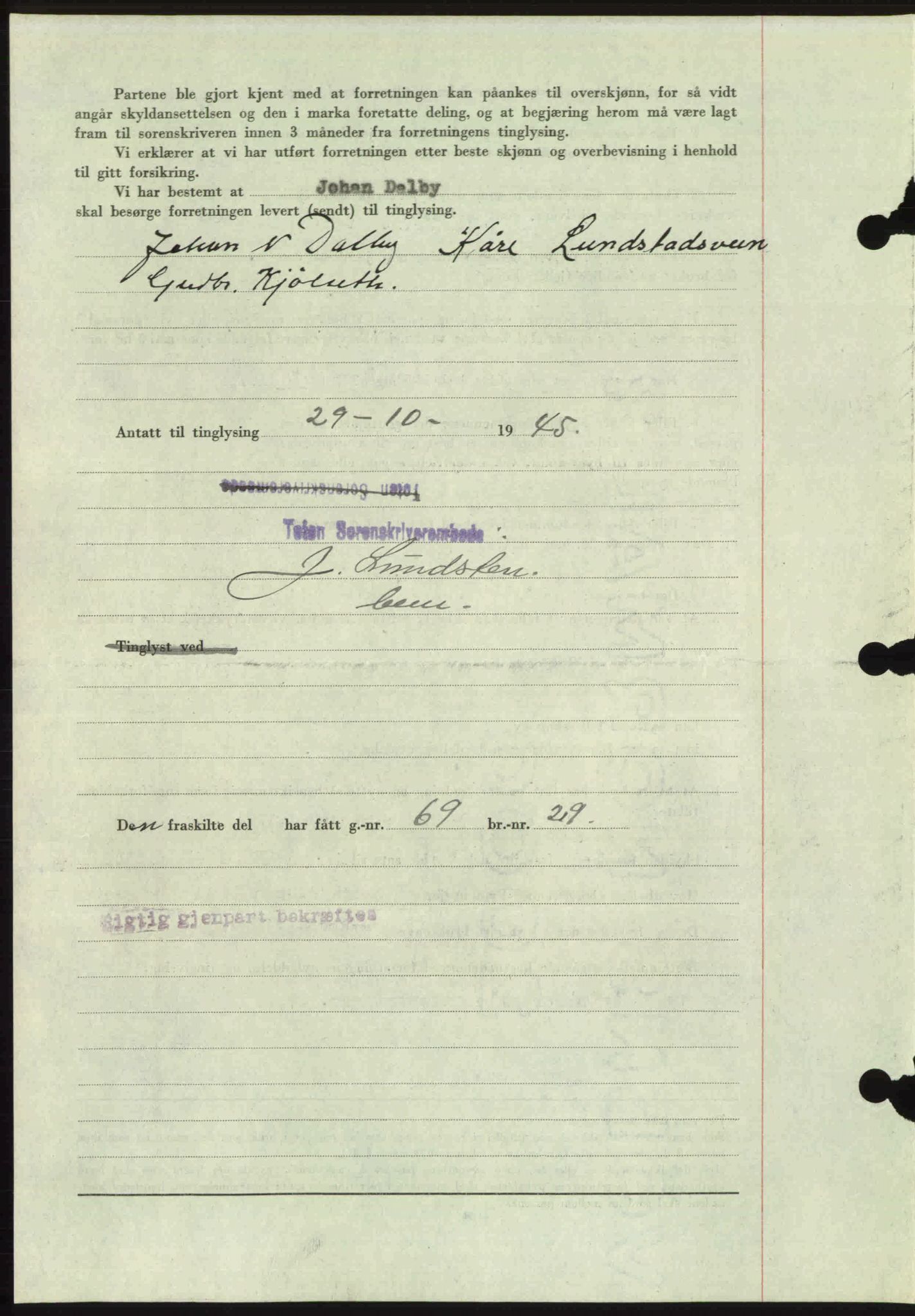 Toten tingrett, AV/SAH-TING-006/H/Hb/Hbc/L0013: Mortgage book no. Hbc-13, 1945-1945, Diary no: : 1452/1945