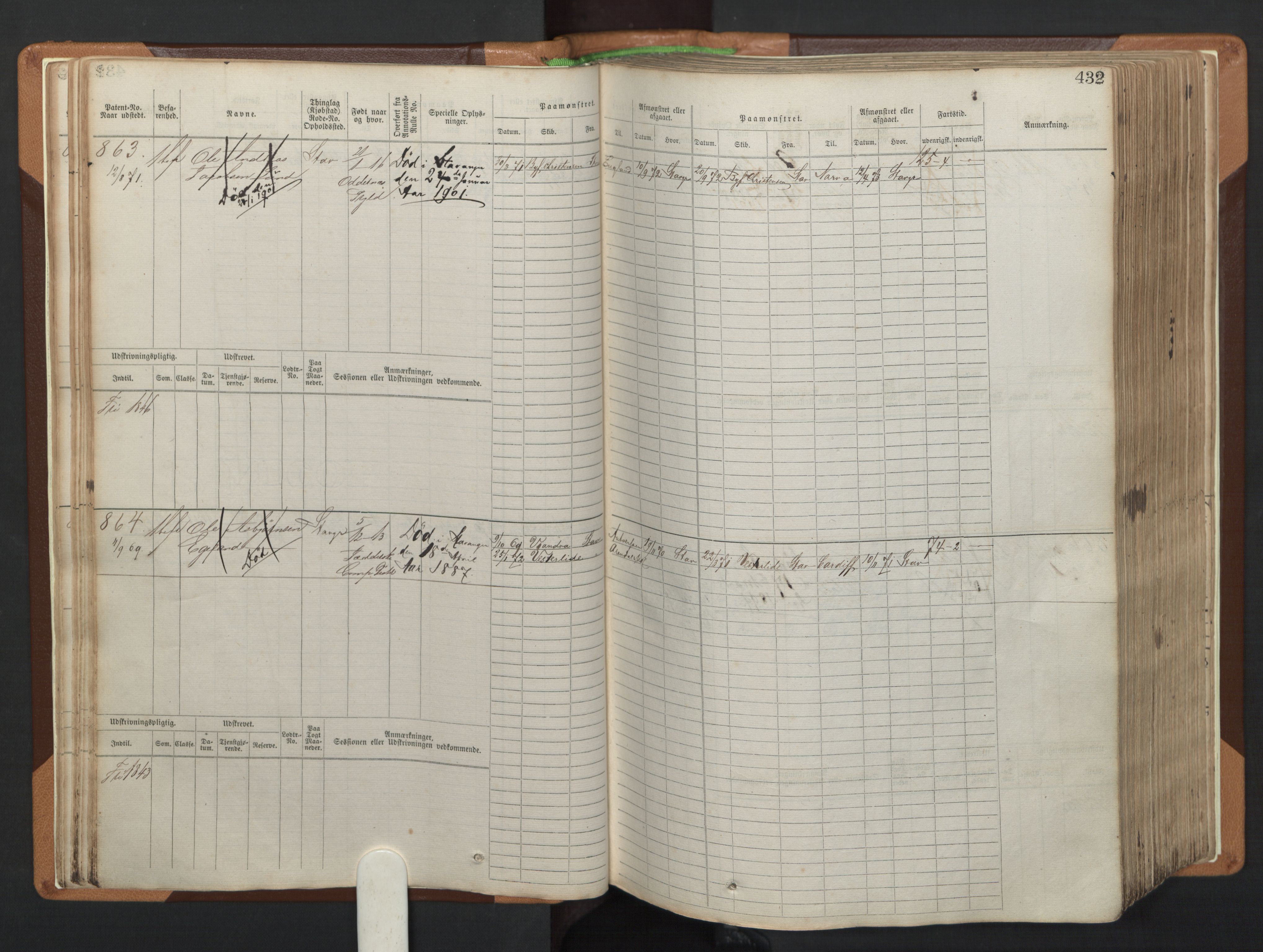 Stavanger sjømannskontor, AV/SAST-A-102006/F/Fb/Fbb/L0005: Sjøfartshovedrulle, patentnr. 793-1606 (del 2), 1869-1880, p. 38