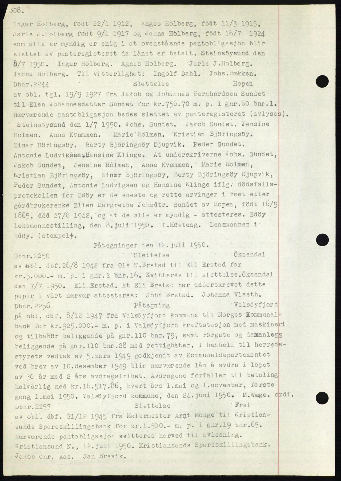 Nordmøre sorenskriveri, SAT/A-4132/1/2/2Ca: Mortgage book no. C82b, 1946-1951, Diary no: : 2244/1950