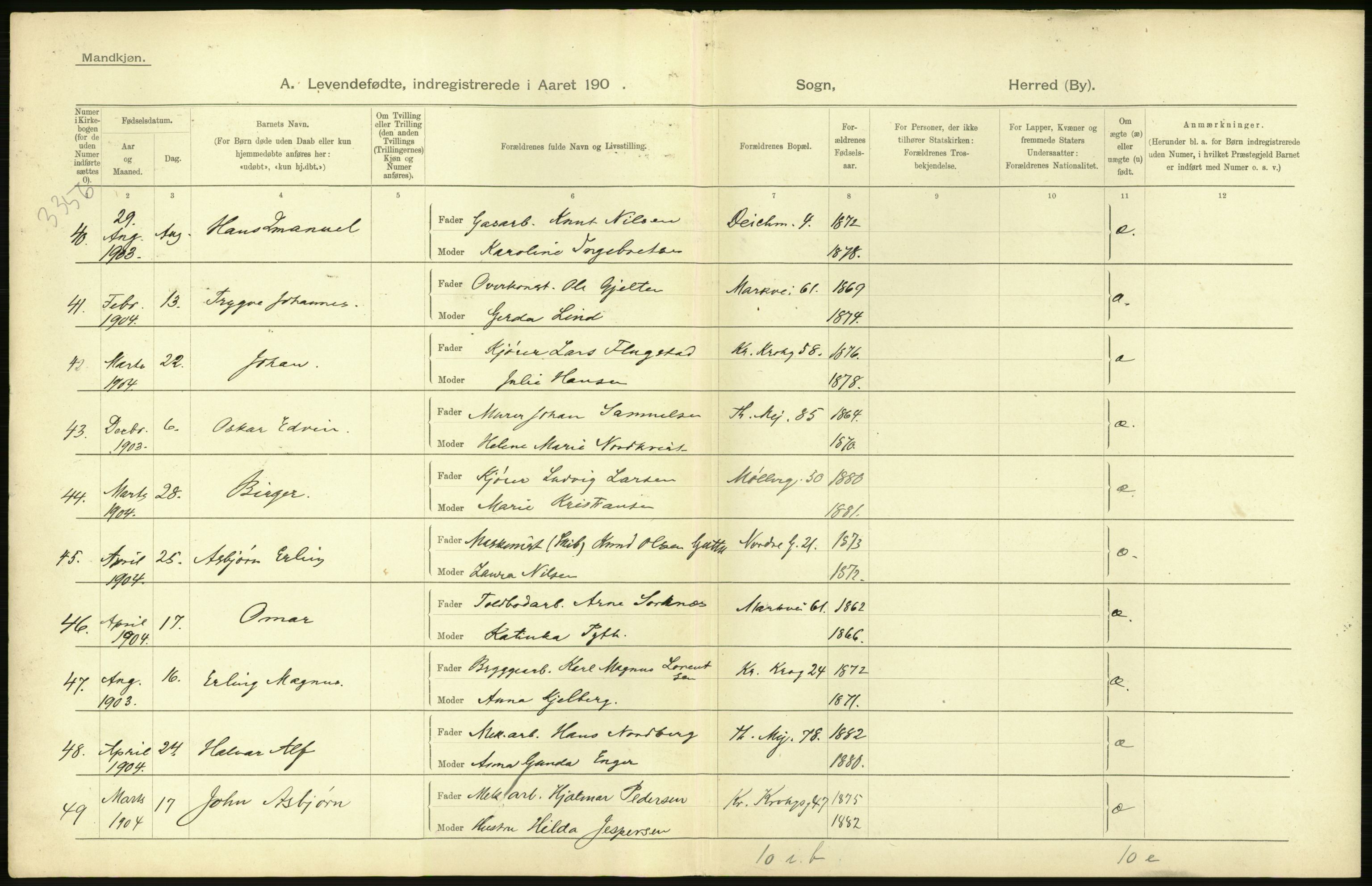 Statistisk sentralbyrå, Sosiodemografiske emner, Befolkning, AV/RA-S-2228/D/Df/Dfa/Dfab/L0003: Kristiania: Fødte, 1904, p. 18