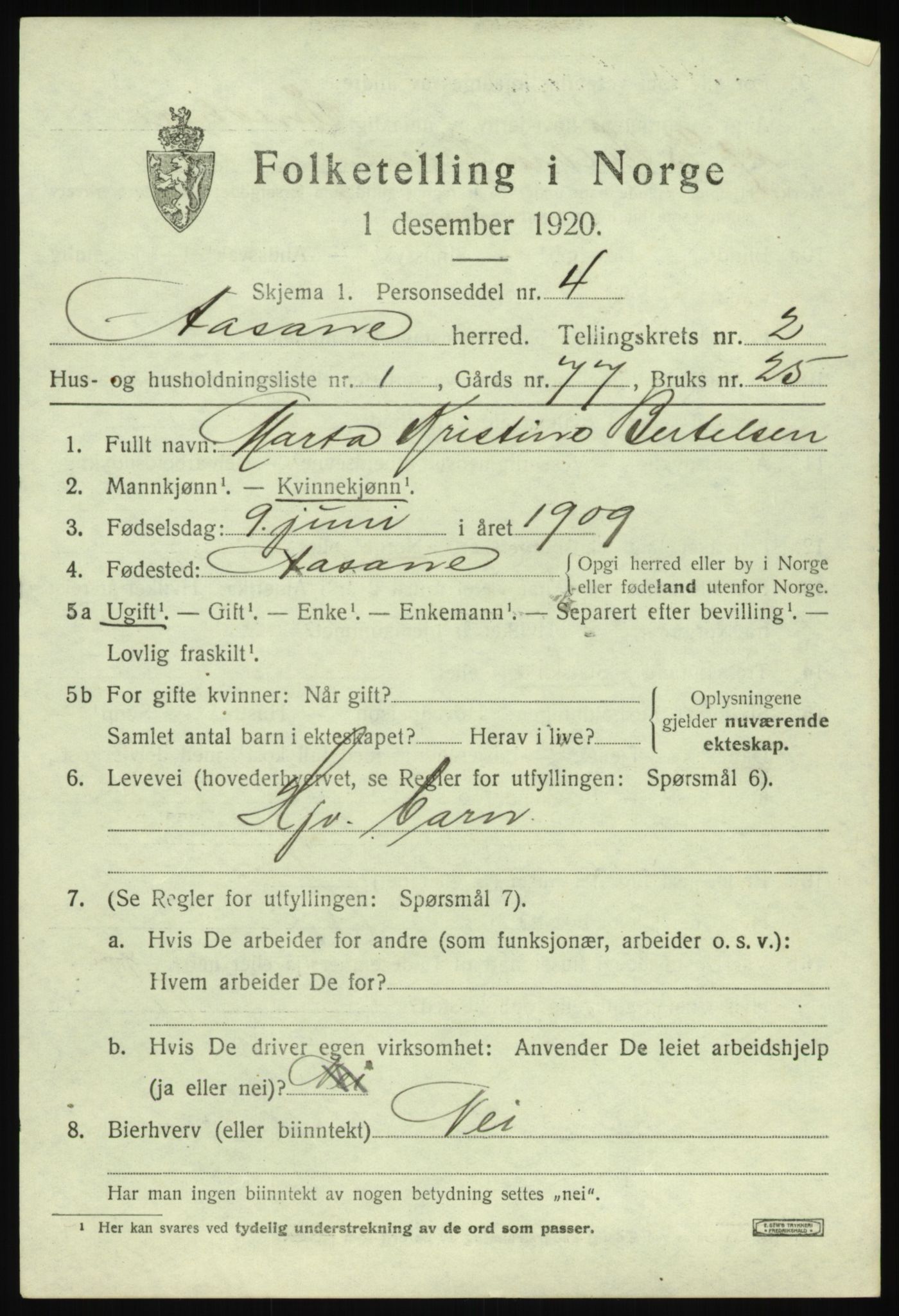 SAB, 1920 census for Åsane, 1920, p. 1233