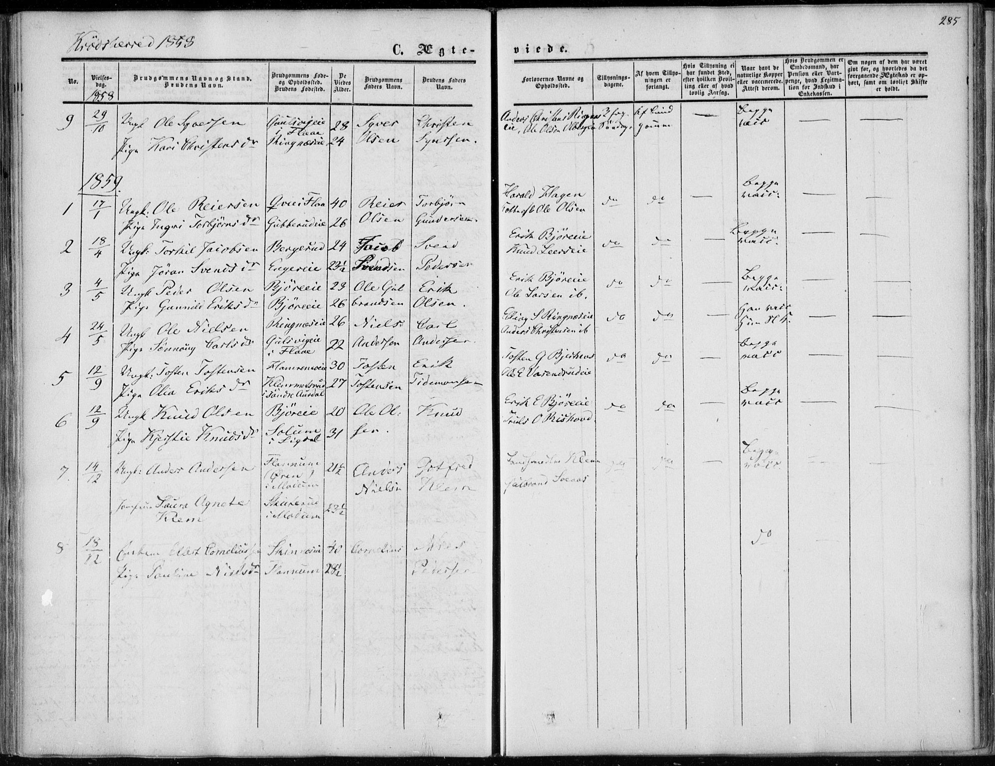 Sigdal kirkebøker, AV/SAKO-A-245/F/Fa/L0008: Parish register (official) no. I 8, 1850-1859, p. 285