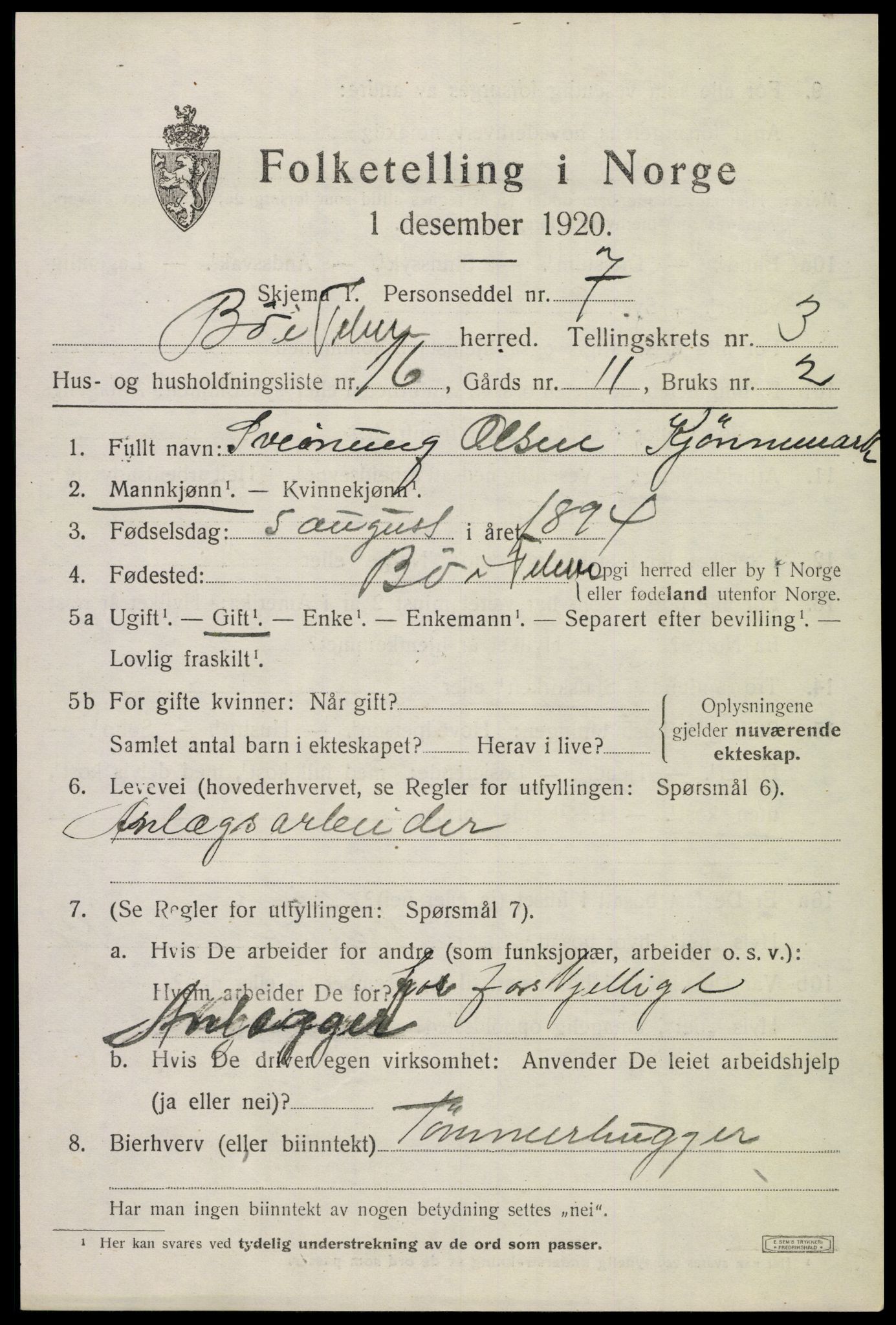 SAKO, 1920 census for Bø (Telemark), 1920, p. 2830