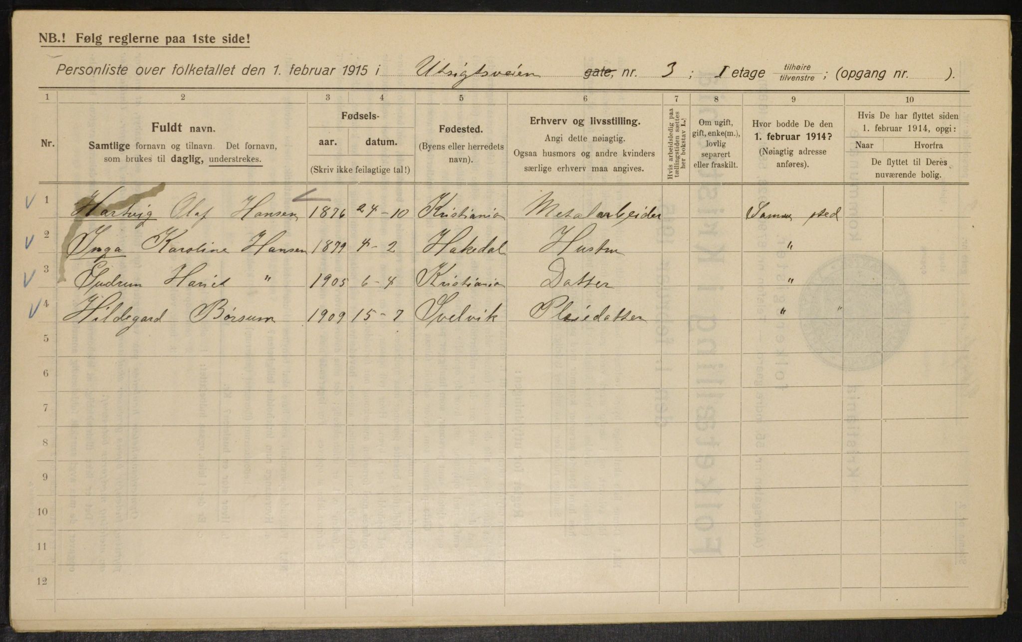 OBA, Municipal Census 1915 for Kristiania, 1915, p. 121960