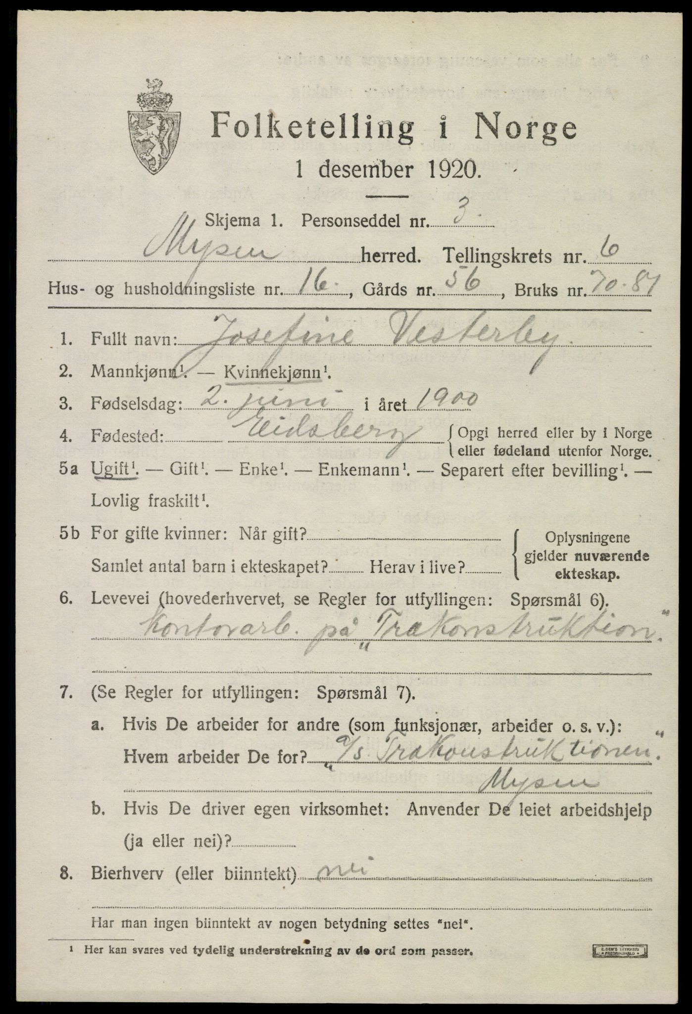 SAO, 1920 census for Mysen, 1920, p. 3105