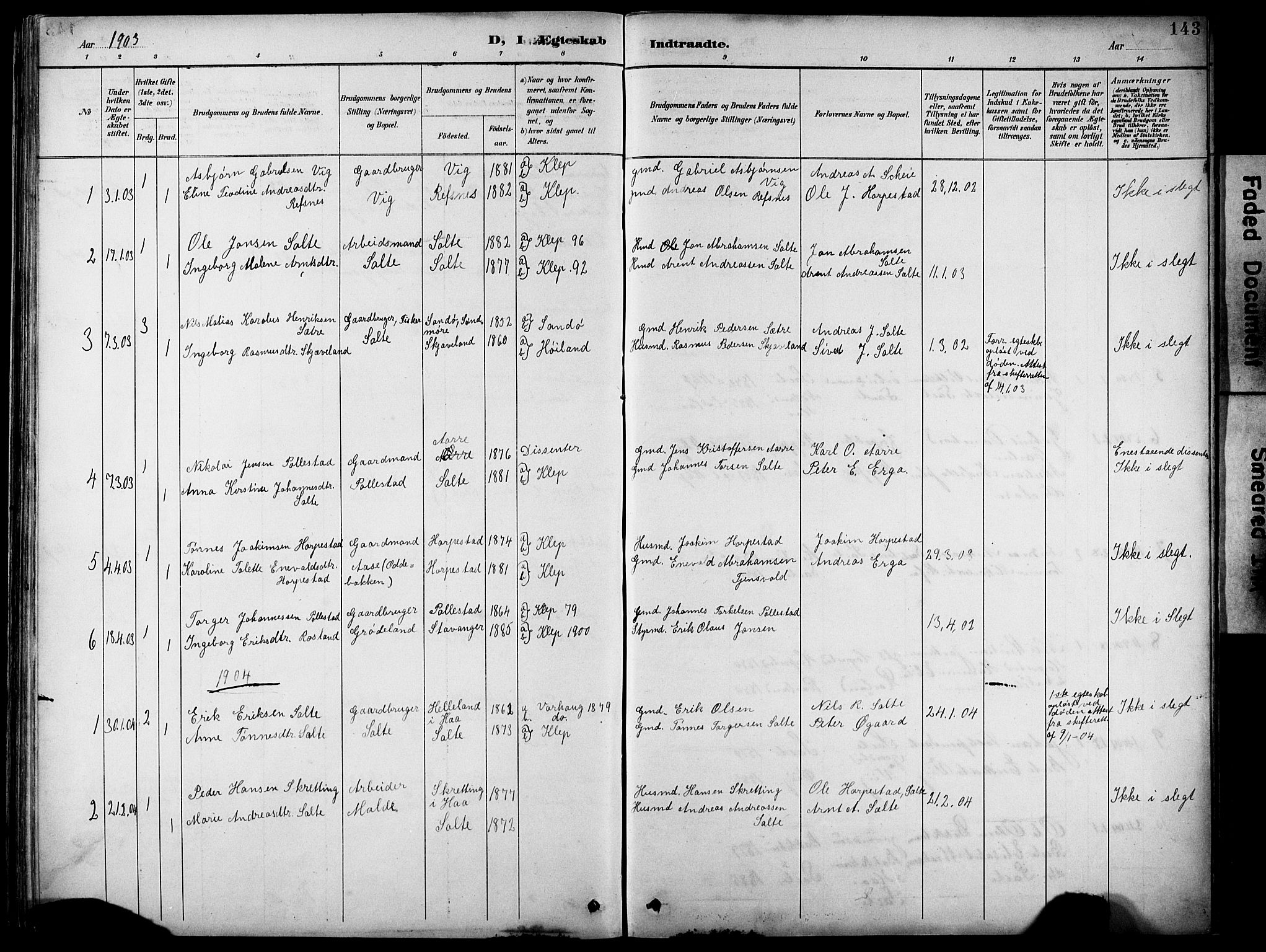 Klepp sokneprestkontor, SAST/A-101803/001/3/30BB/L0005: Parish register (copy) no. B 5, 1889-1918, p. 143