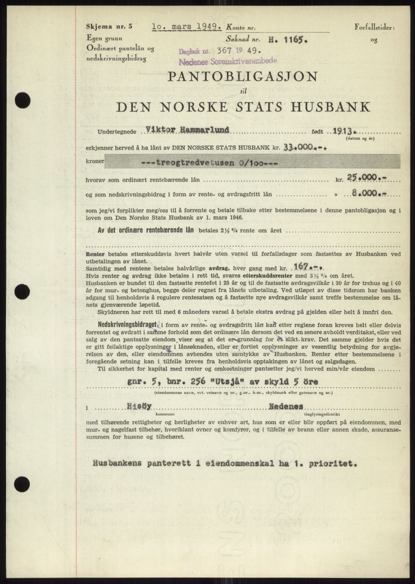 Nedenes sorenskriveri, SAK/1221-0006/G/Gb/Gbb/L0006: Mortgage book no. B6, 1948-1949, Diary no: : 367/1949