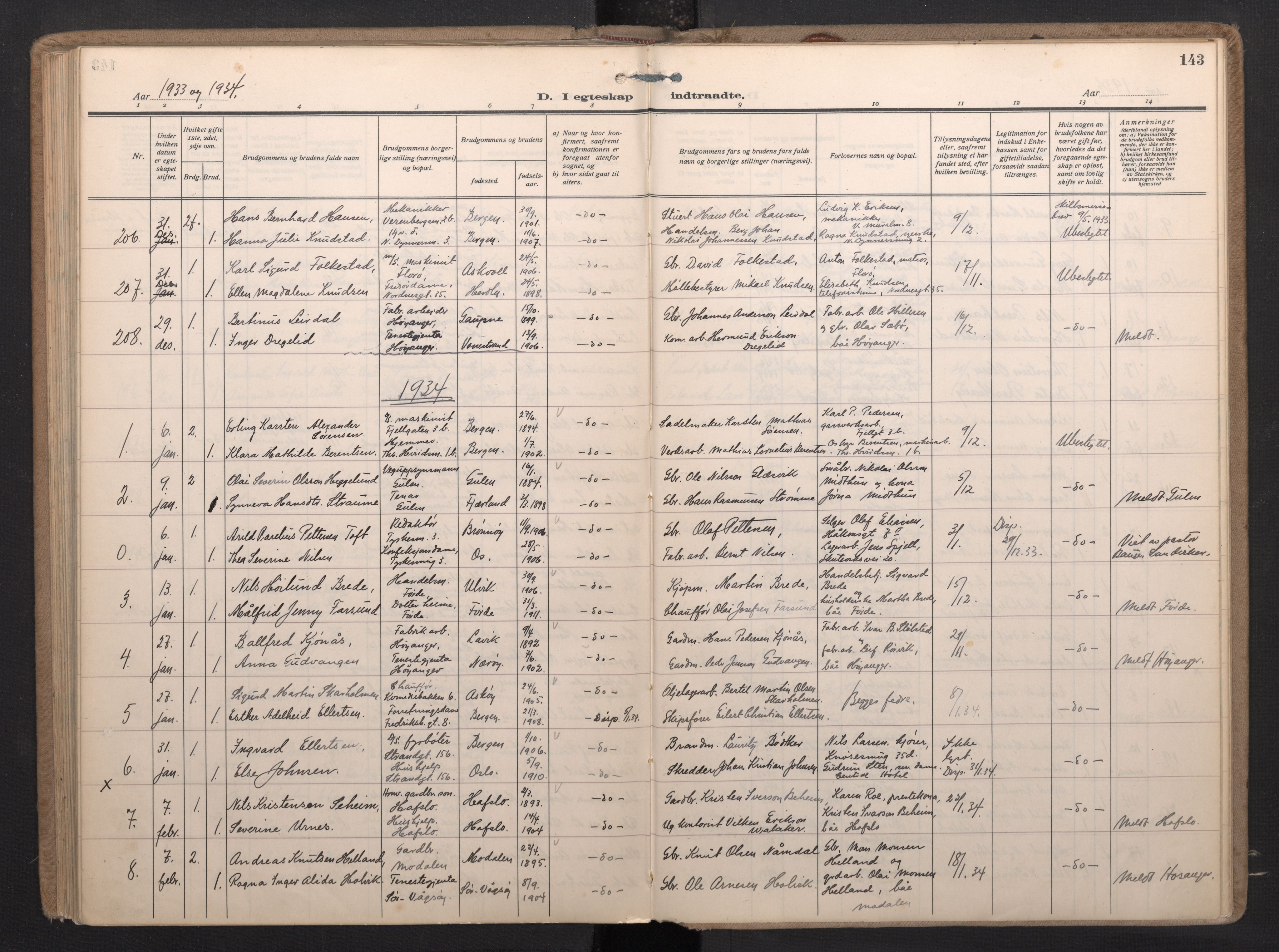 Nykirken Sokneprestembete, SAB/A-77101/H/Haa/L0038: Parish register (official) no. D 8, 1926-1934, p. 142b-143a