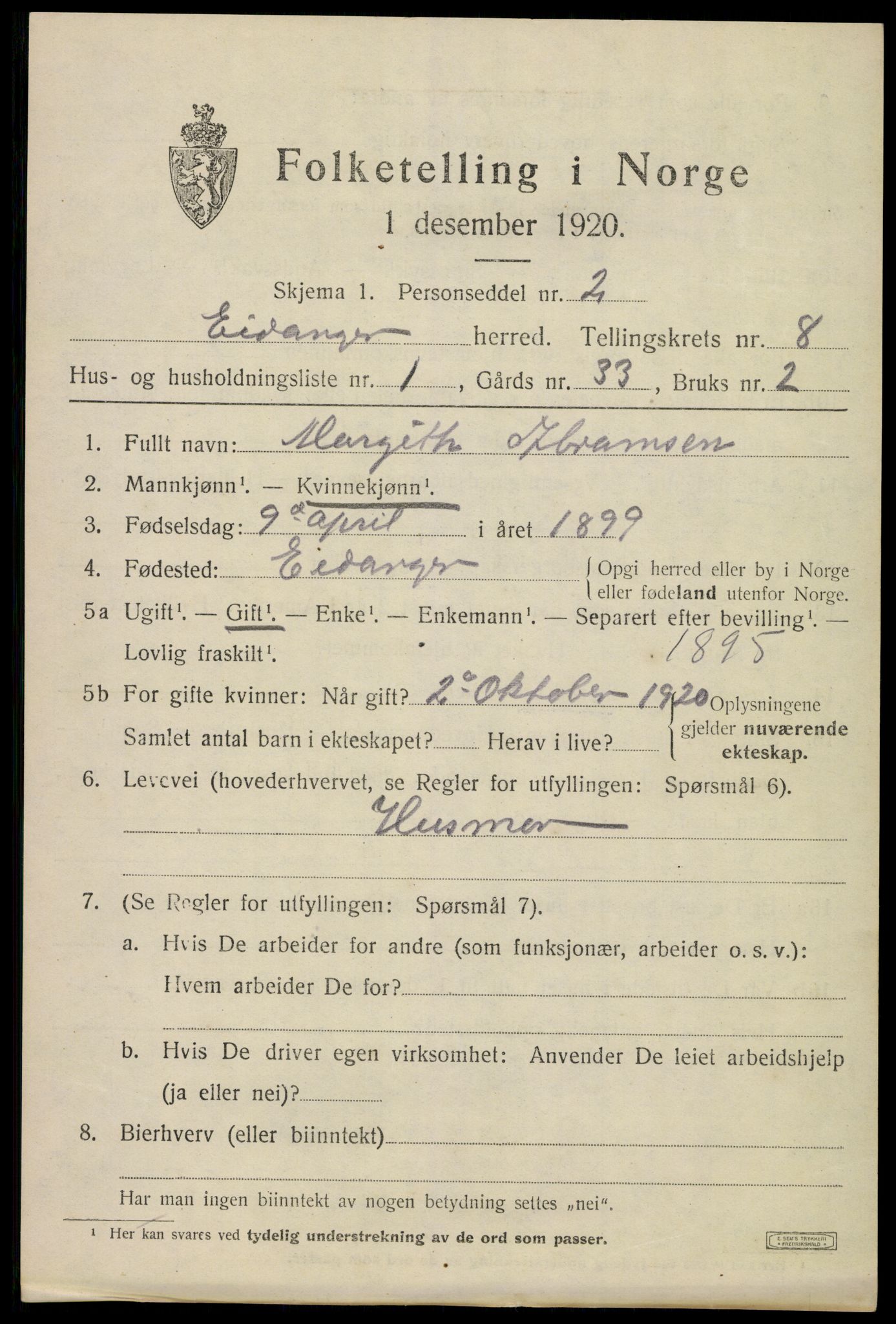 SAKO, 1920 census for Eidanger, 1920, p. 5434