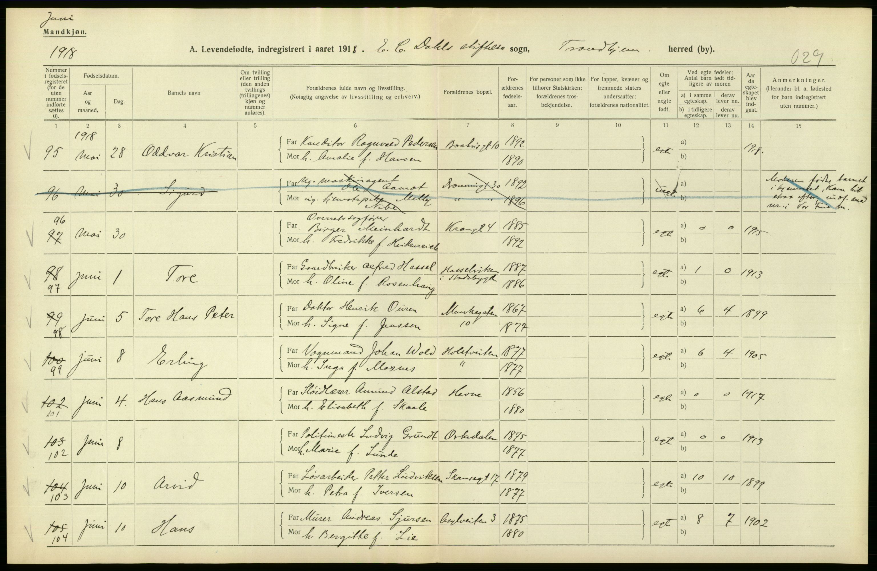 Statistisk sentralbyrå, Sosiodemografiske emner, Befolkning, AV/RA-S-2228/D/Df/Dfb/Dfbh/L0048: Trondheim: Levendefødte menn og kvinner, gifte., 1918, p. 464