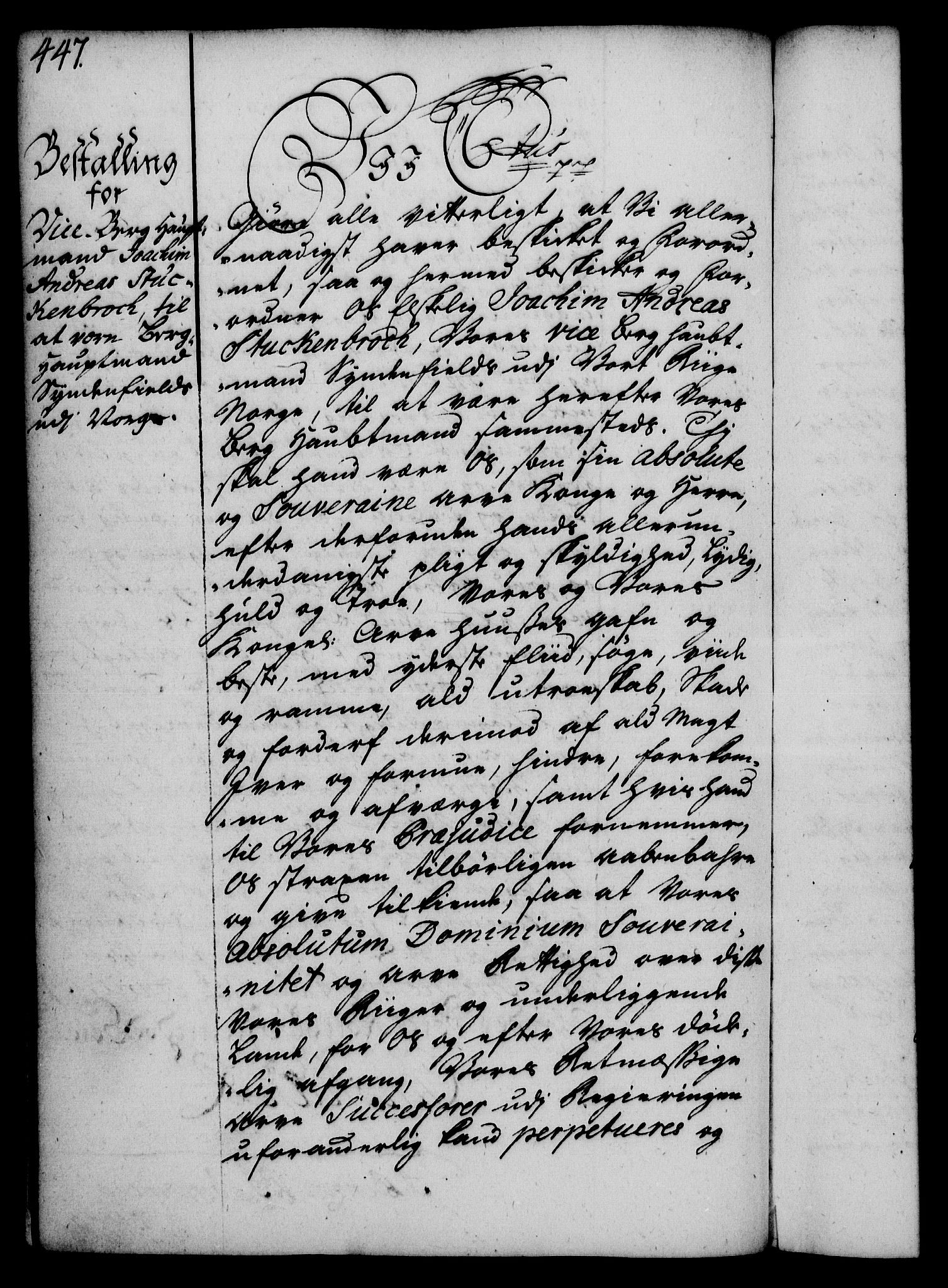 Rentekammeret, Kammerkanselliet, RA/EA-3111/G/Gg/Gge/L0002: Norsk bestallingsprotokoll med register (merket RK 53.26), 1730-1744, p. 447