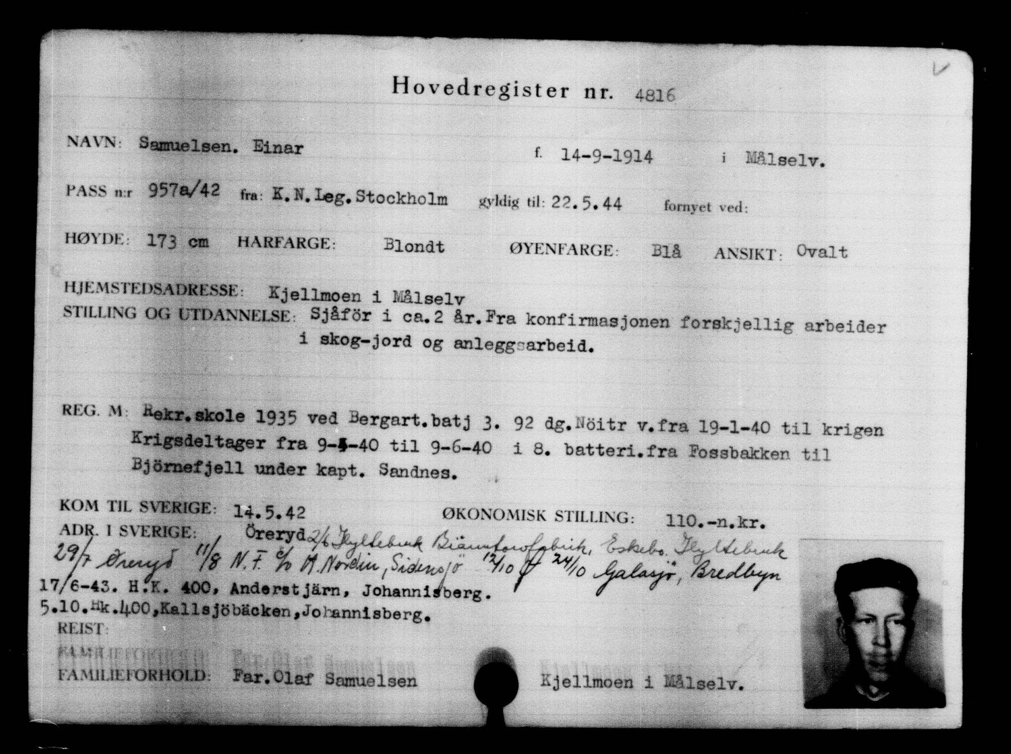 Utenriksstasjonene, Legasjonen i Stockholm, Flyktningkontoret, AV/RA-S-6753/V/Va/L0004: Kjesäterkartoteket, flyktninger med registreringsnr. 3496-6610, 1940-1945, p. 1565