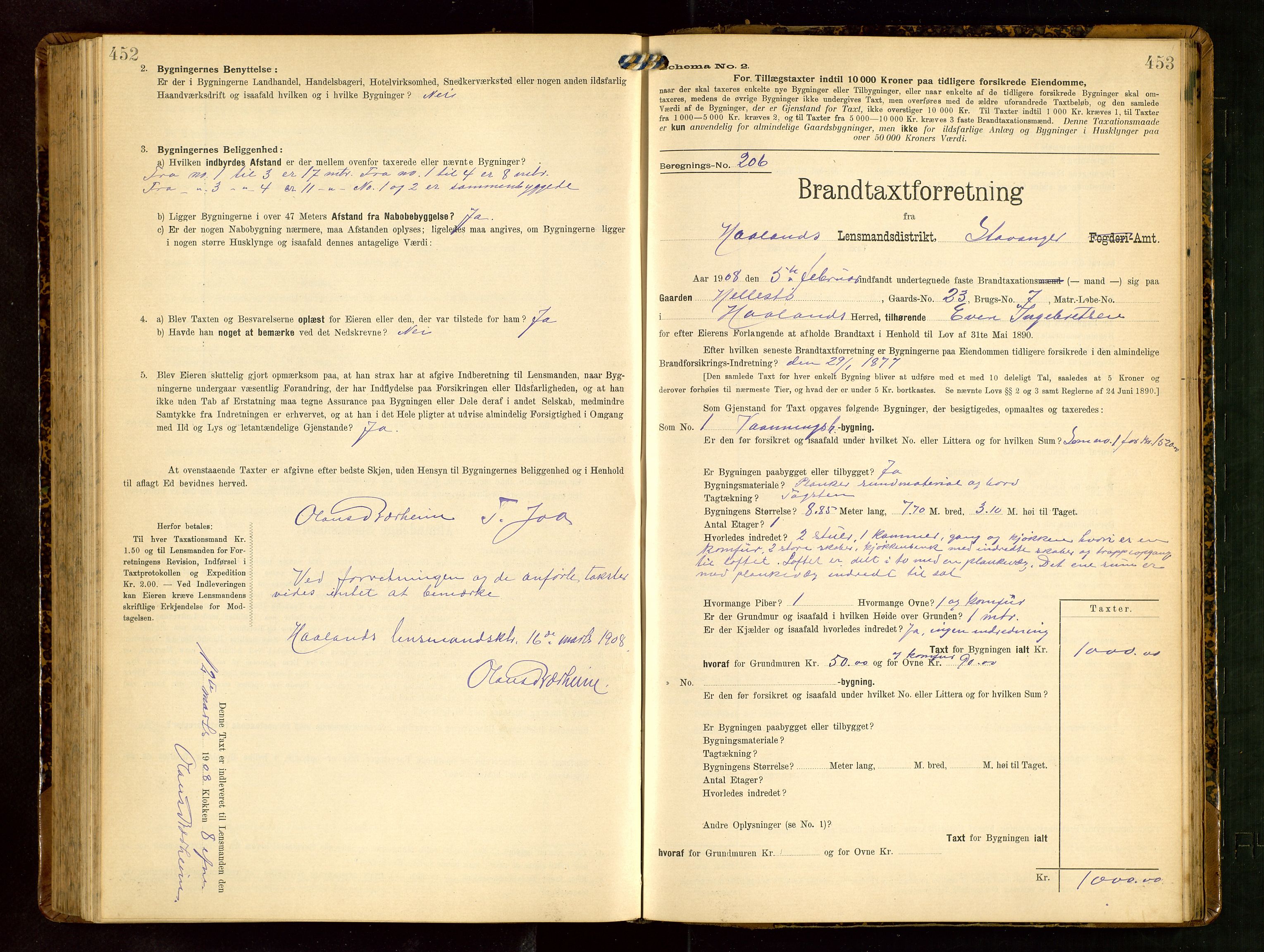 Håland lensmannskontor, AV/SAST-A-100100/Gob/L0003: Branntakstprotokoll - skjematakst. Register i boken., 1909-1910, p. 452-453