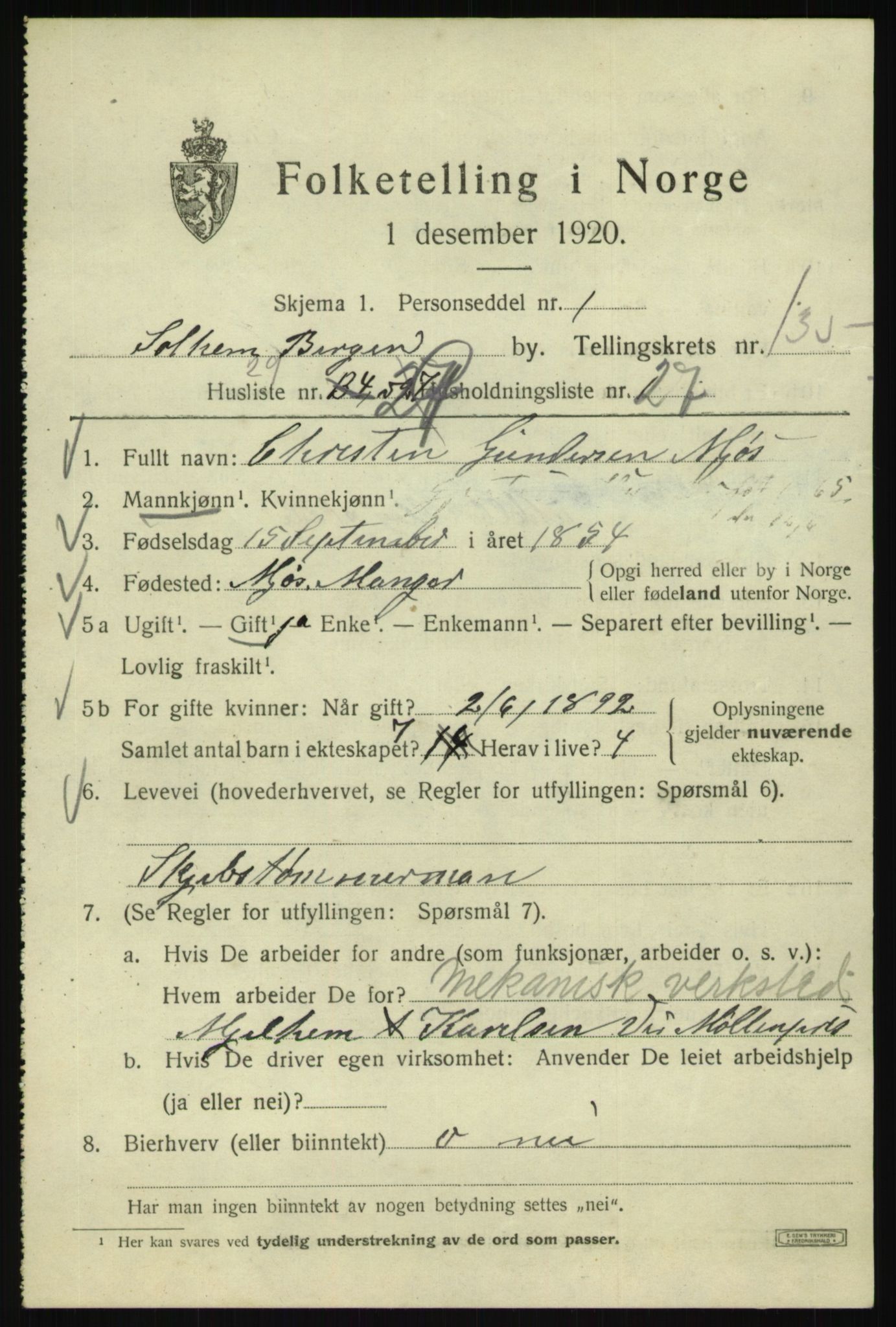 SAB, 1920 census for Bergen, 1920, p. 226750