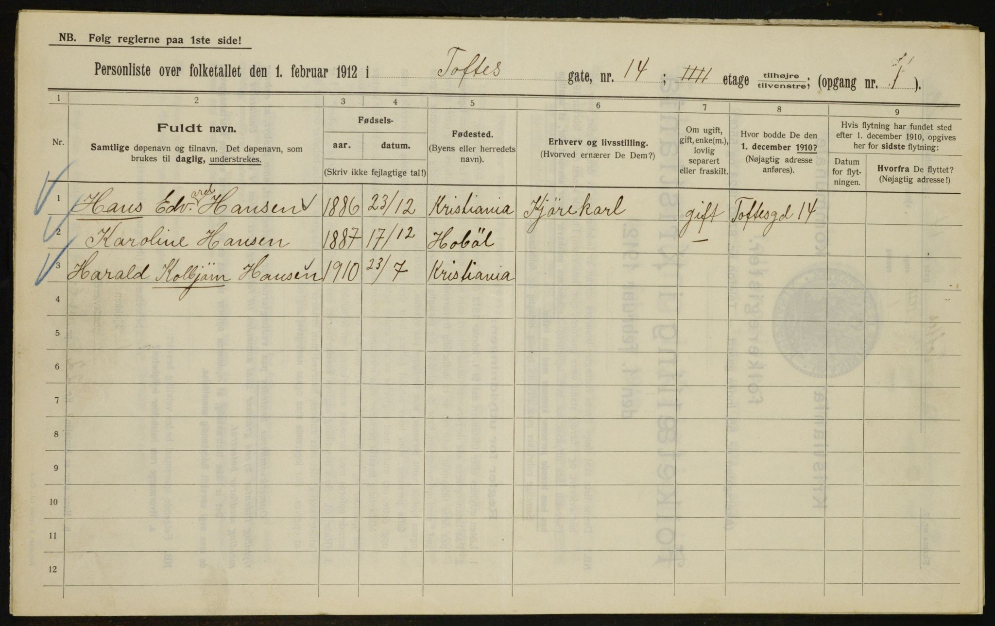 OBA, Municipal Census 1912 for Kristiania, 1912, p. 111522