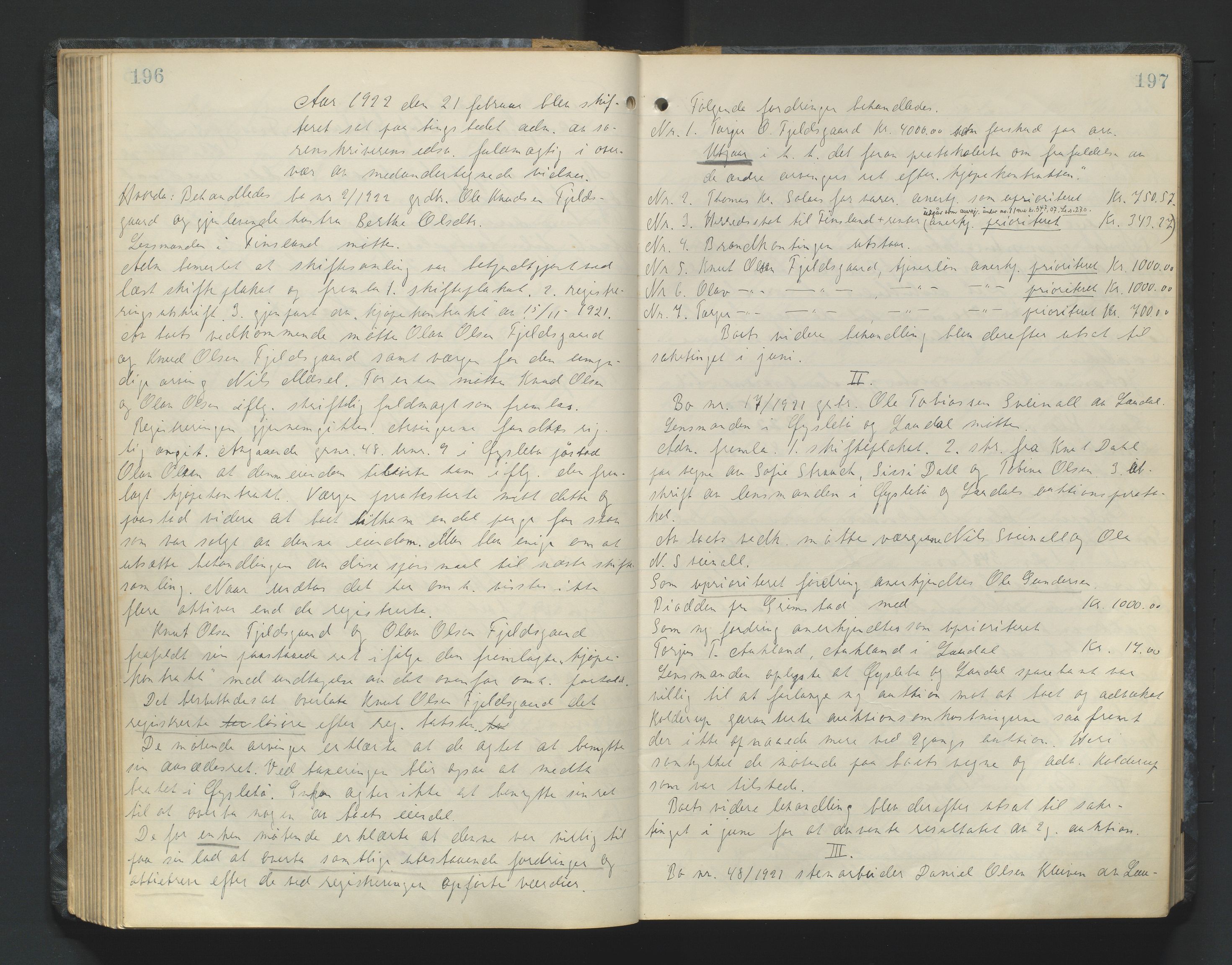 Mandal sorenskriveri, AV/SAK-1221-0005/001/H/Hc/L0084: Skifteforhandlingsprotokoll nr 16, 1921-1924, p. 196-197