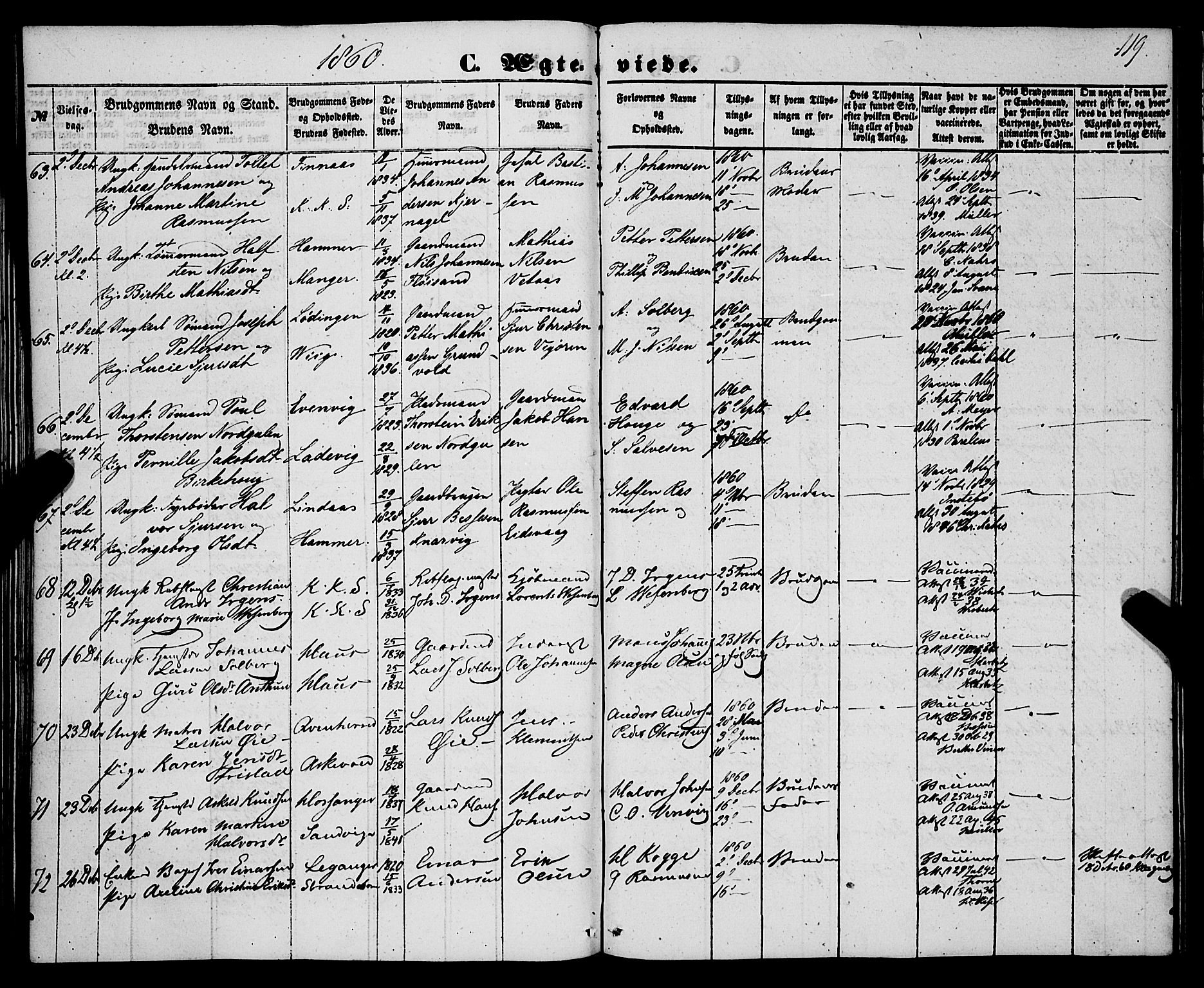 Korskirken sokneprestembete, SAB/A-76101/H/Haa/L0035: Parish register (official) no. D 2, 1852-1867, p. 119