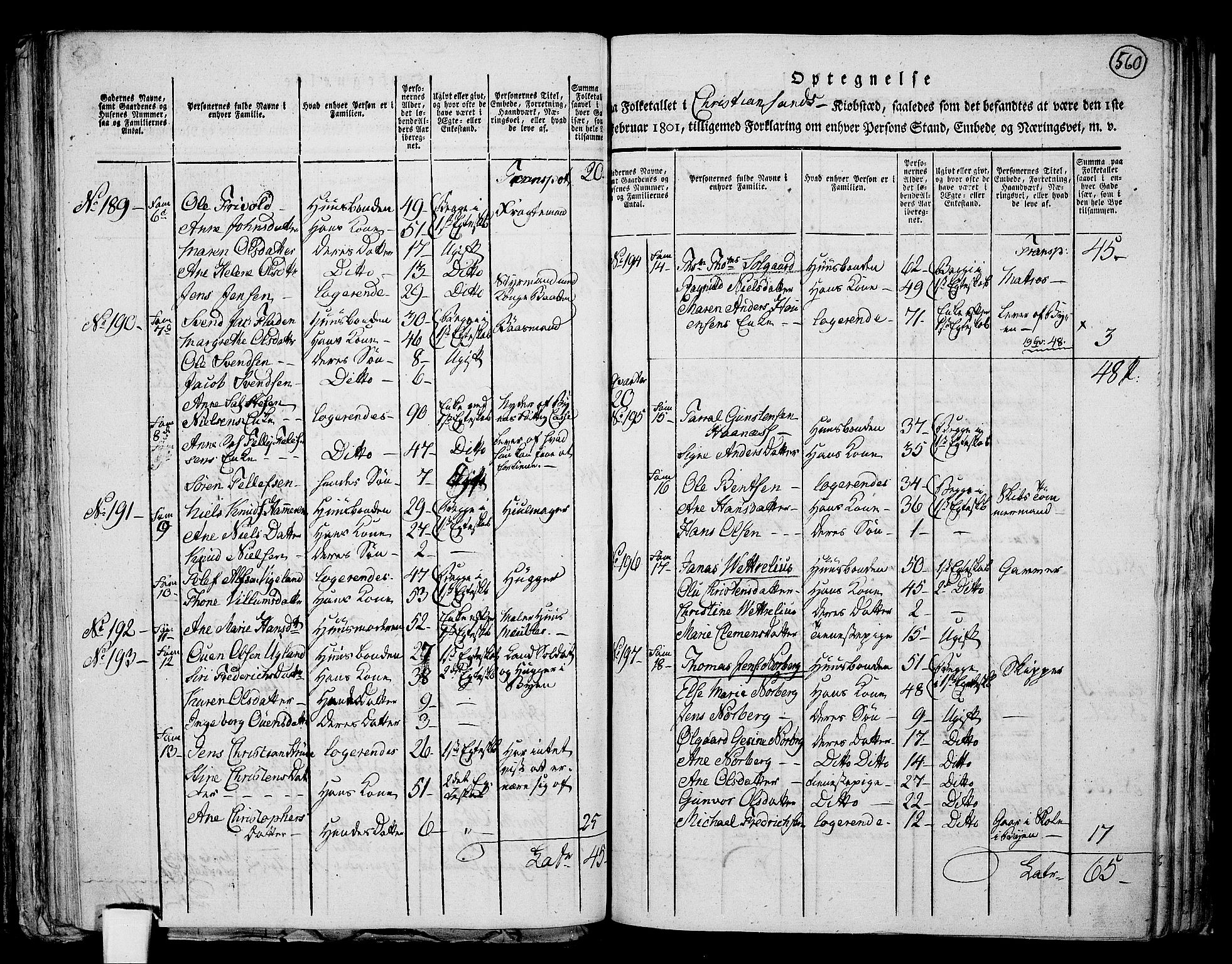 RA, 1801 census for 1001P Kristiansand, 1801, p. 559b-560a