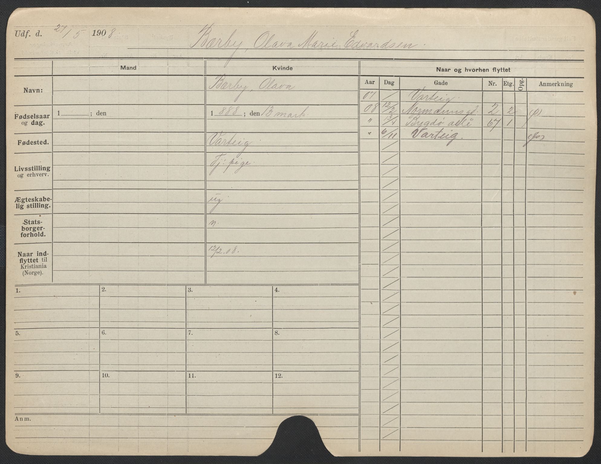 Oslo folkeregister, Registerkort, AV/SAO-A-11715/F/Fa/Fac/L0013: Kvinner, 1906-1914, p. 77a