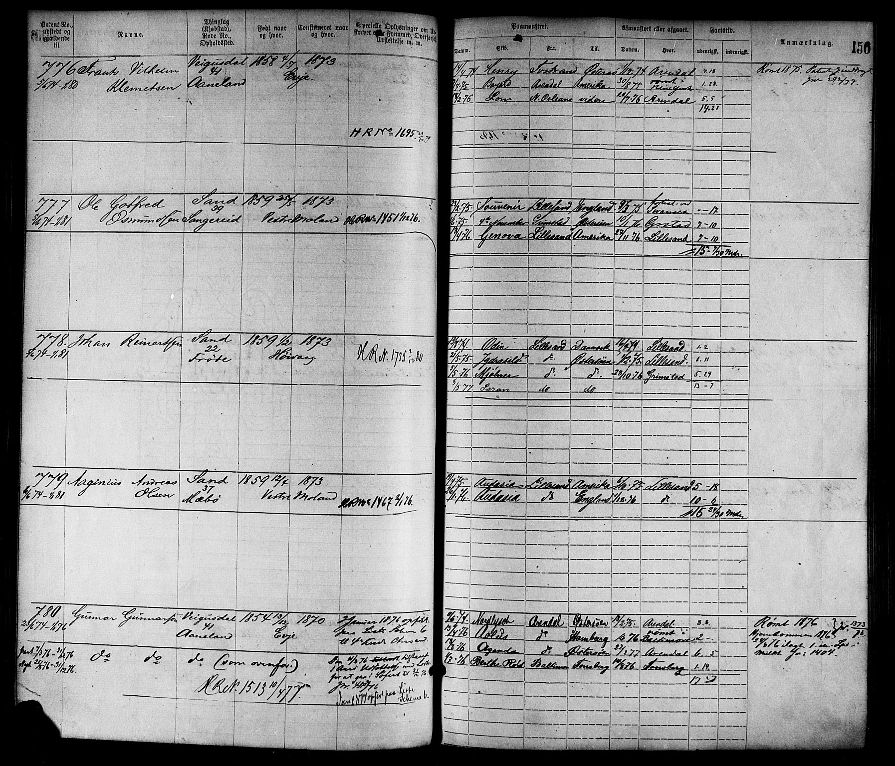 Lillesand mønstringskrets, SAK/2031-0014/F/Fa/L0004: Annotasjonsrulle nr 1-1920 med register, G-1, 1869-1891, p. 181
