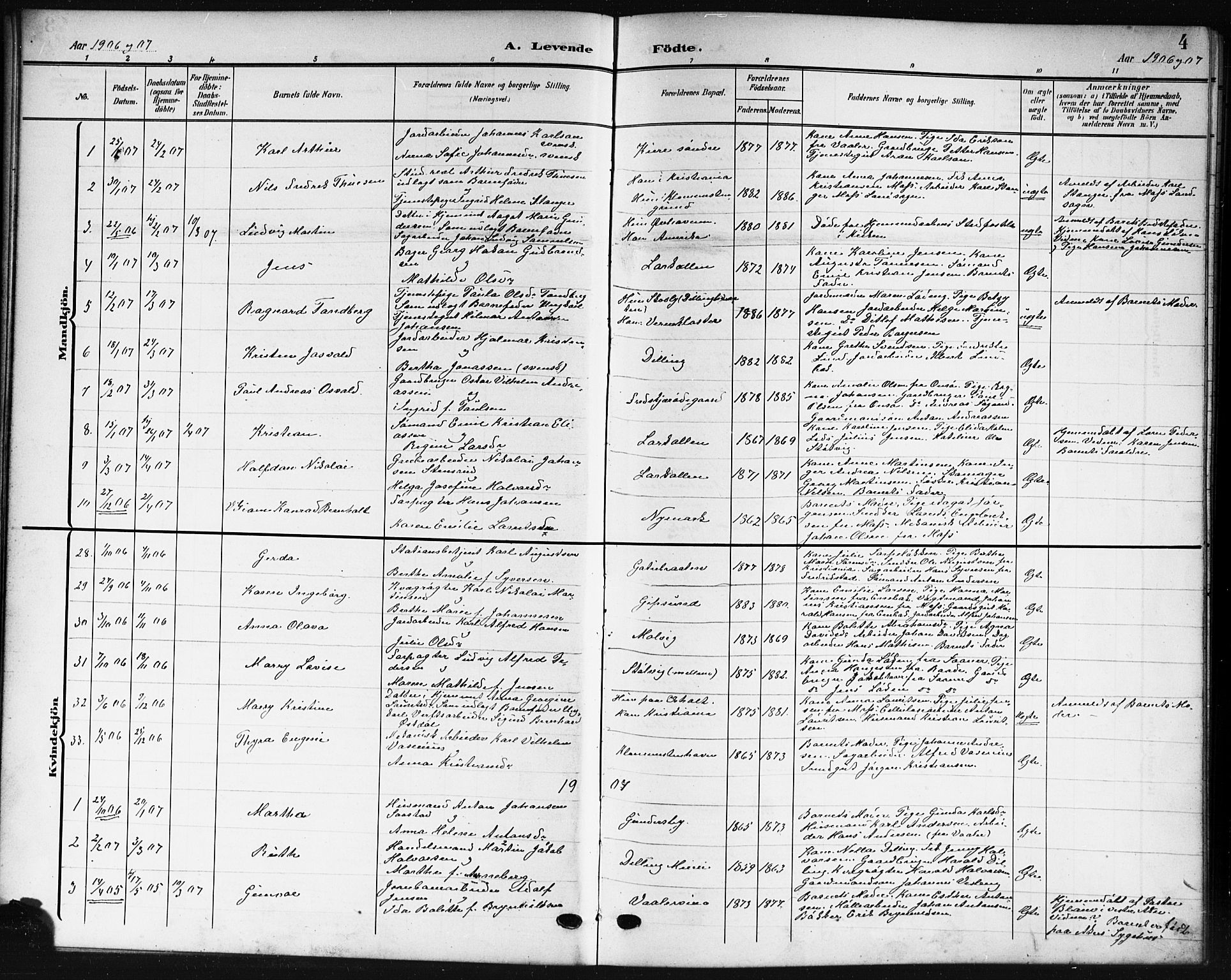 Rygge prestekontor Kirkebøker, AV/SAO-A-10084b/G/Ga/L0003: Parish register (copy) no. 3, 1906-1921, p. 4
