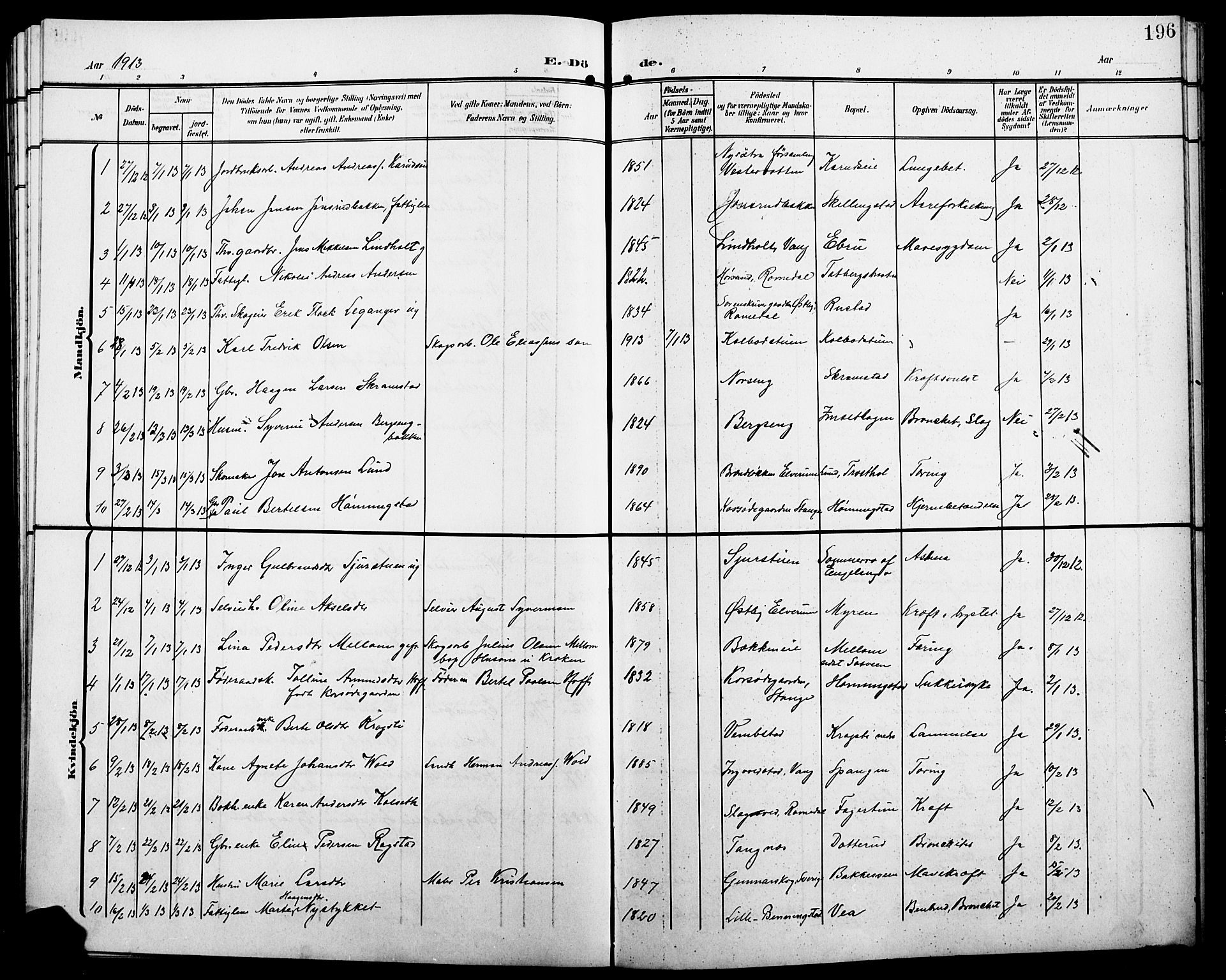 Løten prestekontor, SAH/PREST-022/L/La/L0007: Parish register (copy) no. 7, 1910-1919, p. 196