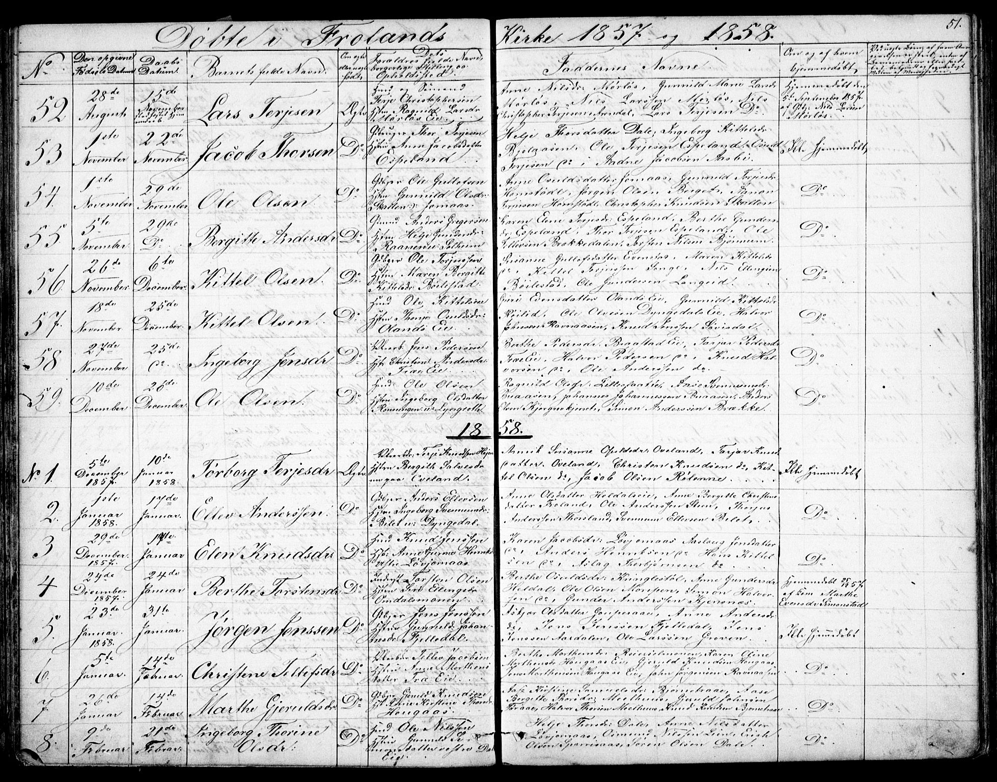 Froland sokneprestkontor, SAK/1111-0013/F/Fb/L0008: Parish register (copy) no. B 8, 1843-1875, p. 51