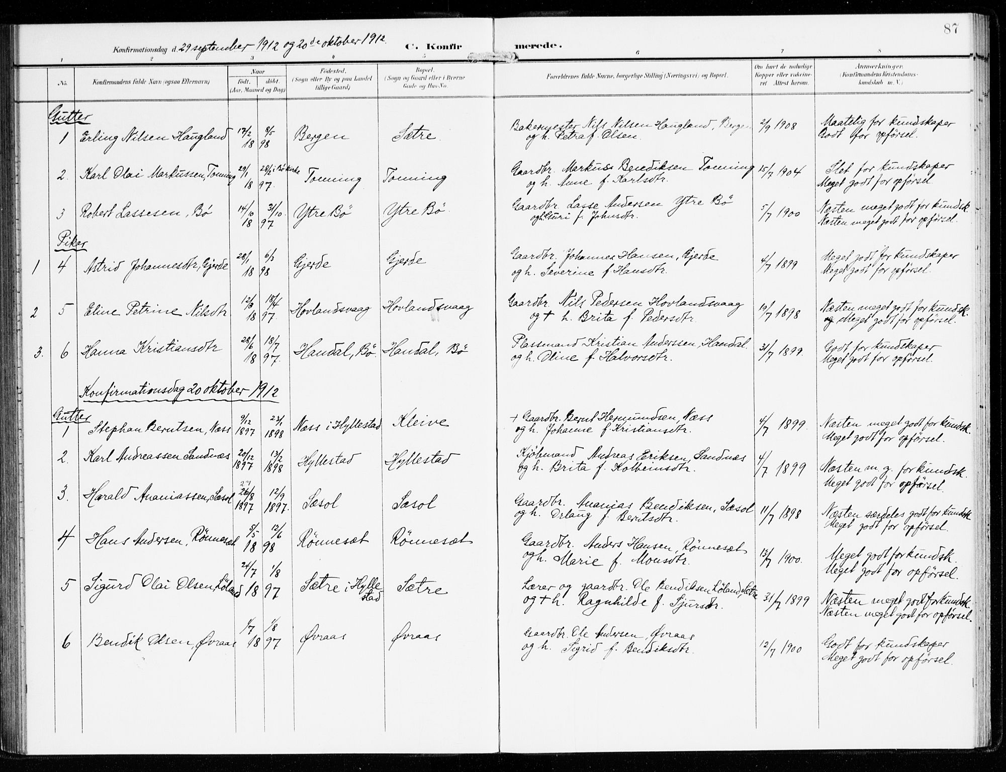 Hyllestad sokneprestembete, SAB/A-80401: Parish register (official) no. B 2, 1903-1917, p. 87