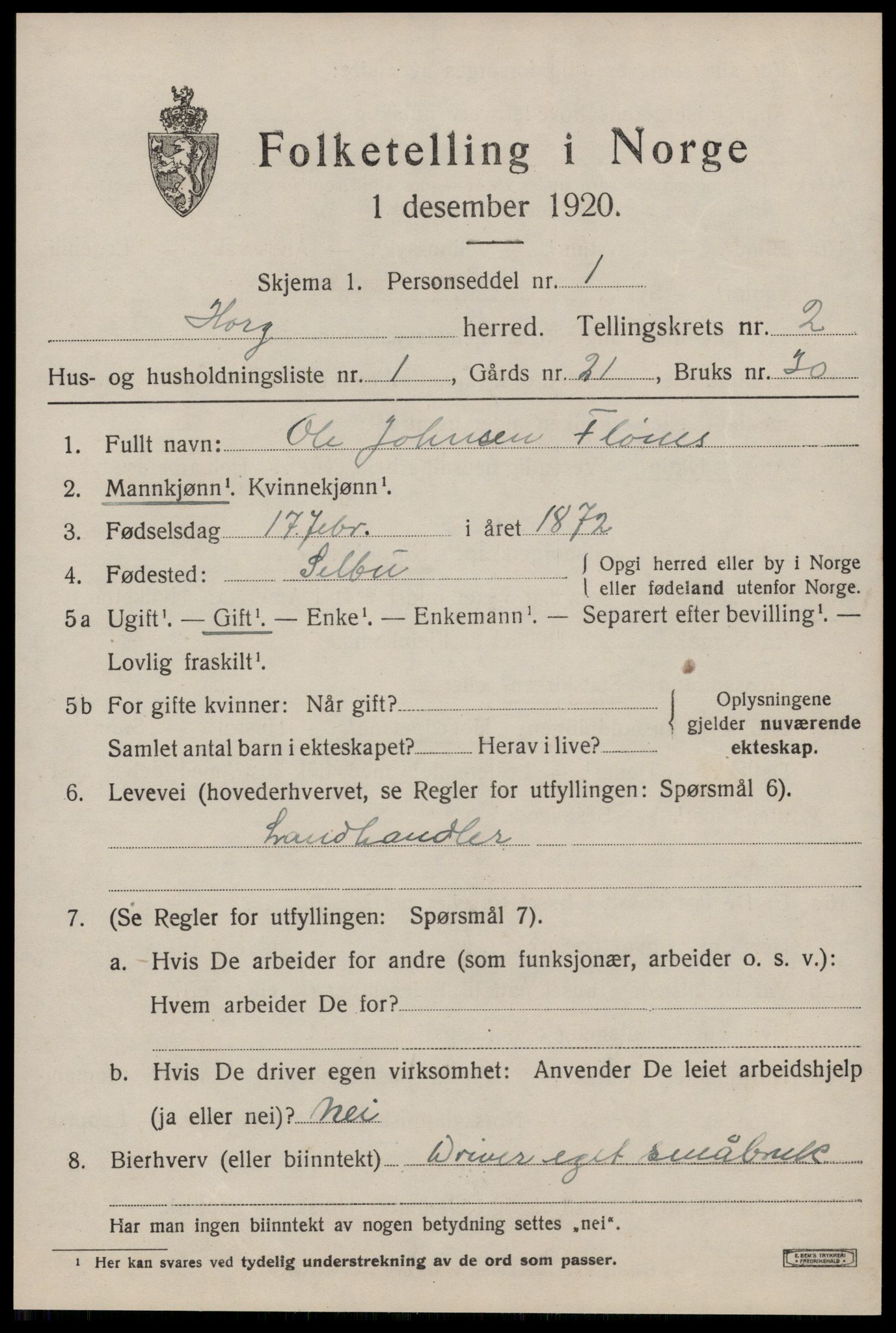 SAT, 1920 census for Horg, 1920, p. 1646