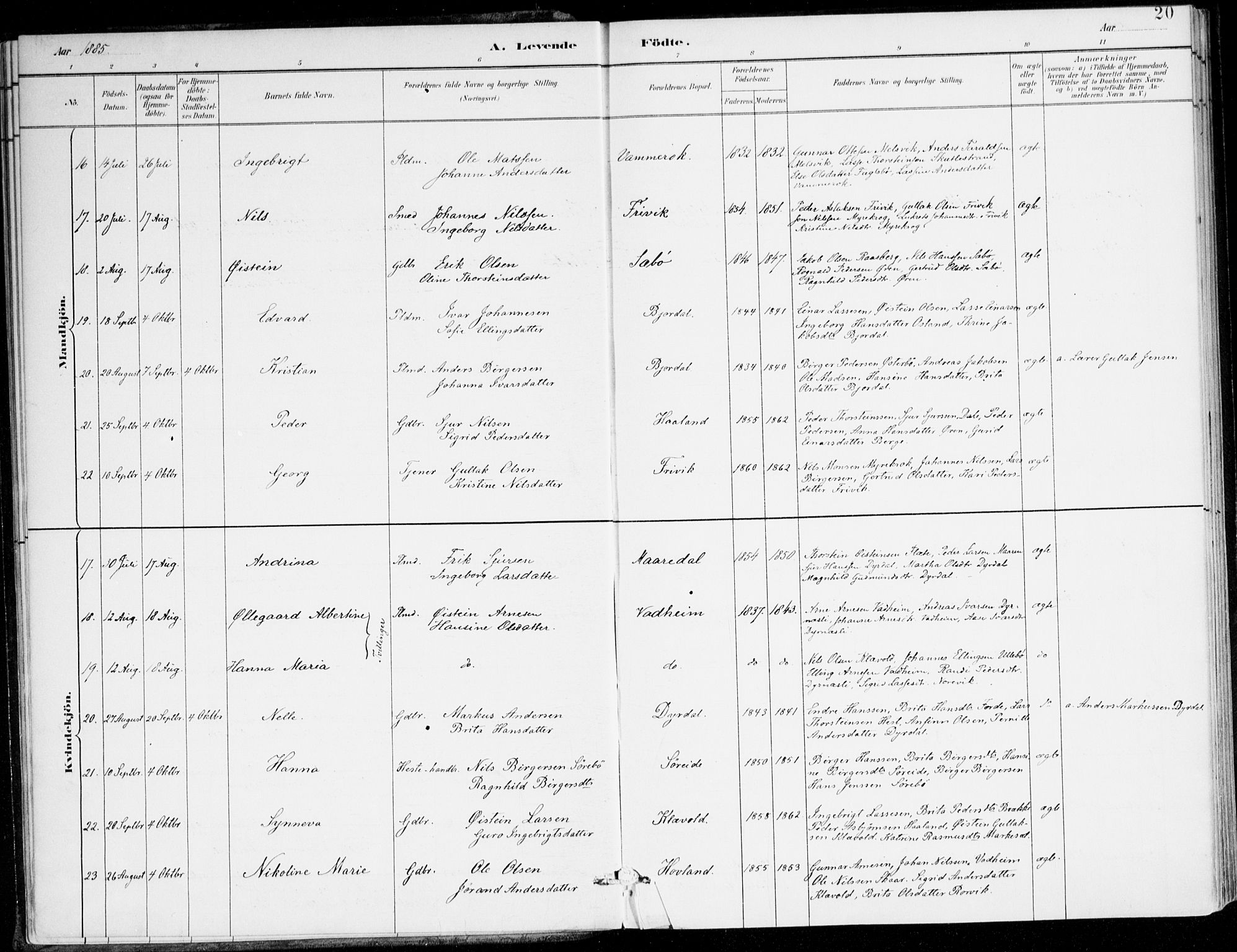 Lavik sokneprestembete, AV/SAB-A-80901: Parish register (official) no. C 1, 1882-1904, p. 20