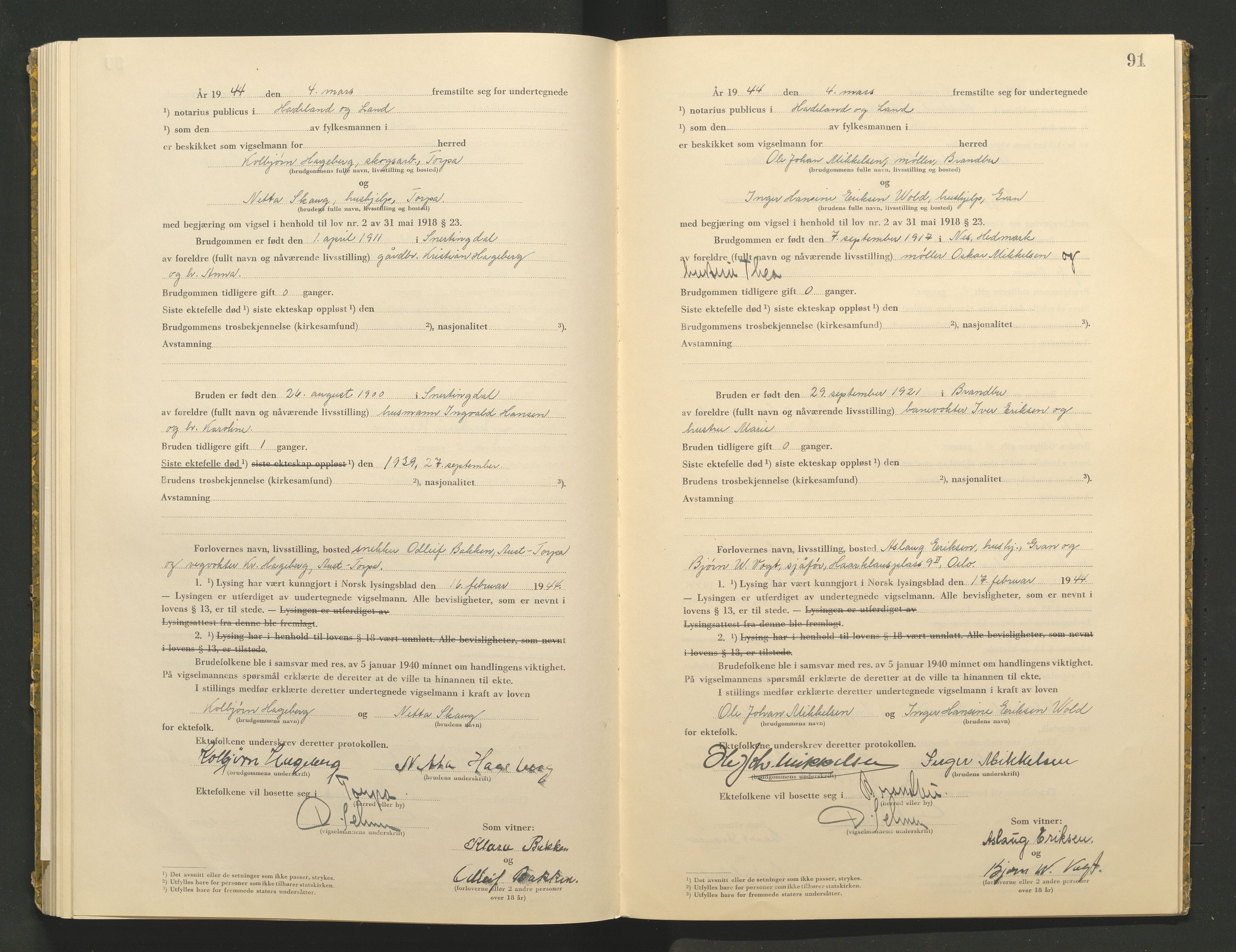 Hadeland og Land tingrett, AV/SAH-TING-010/L/Lb/L0002: Vigselbok, 1943-1944, p. 91