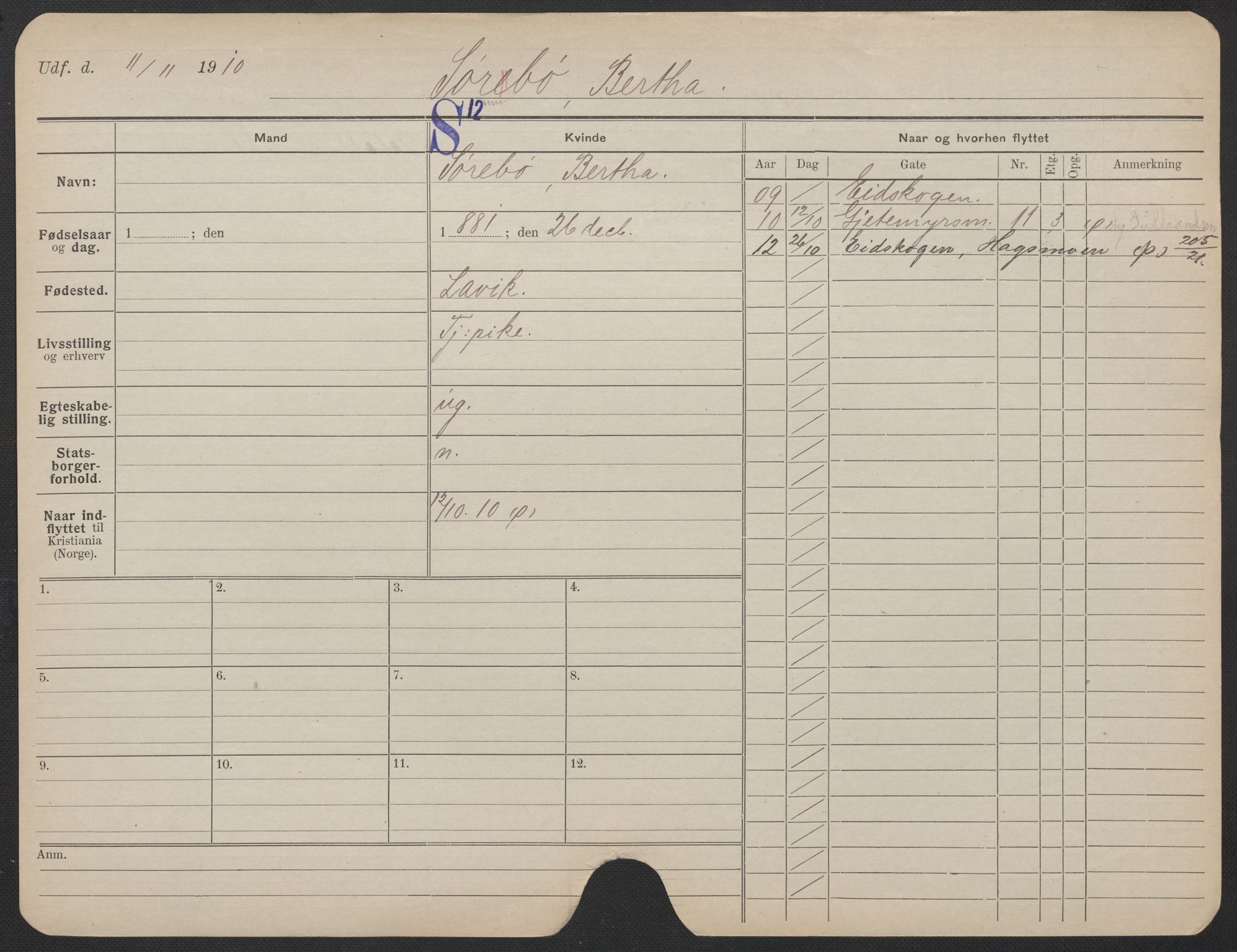 Oslo folkeregister, Registerkort, AV/SAO-A-11715/F/Fa/Fac/L0024: Kvinner, 1906-1914, p. 855a