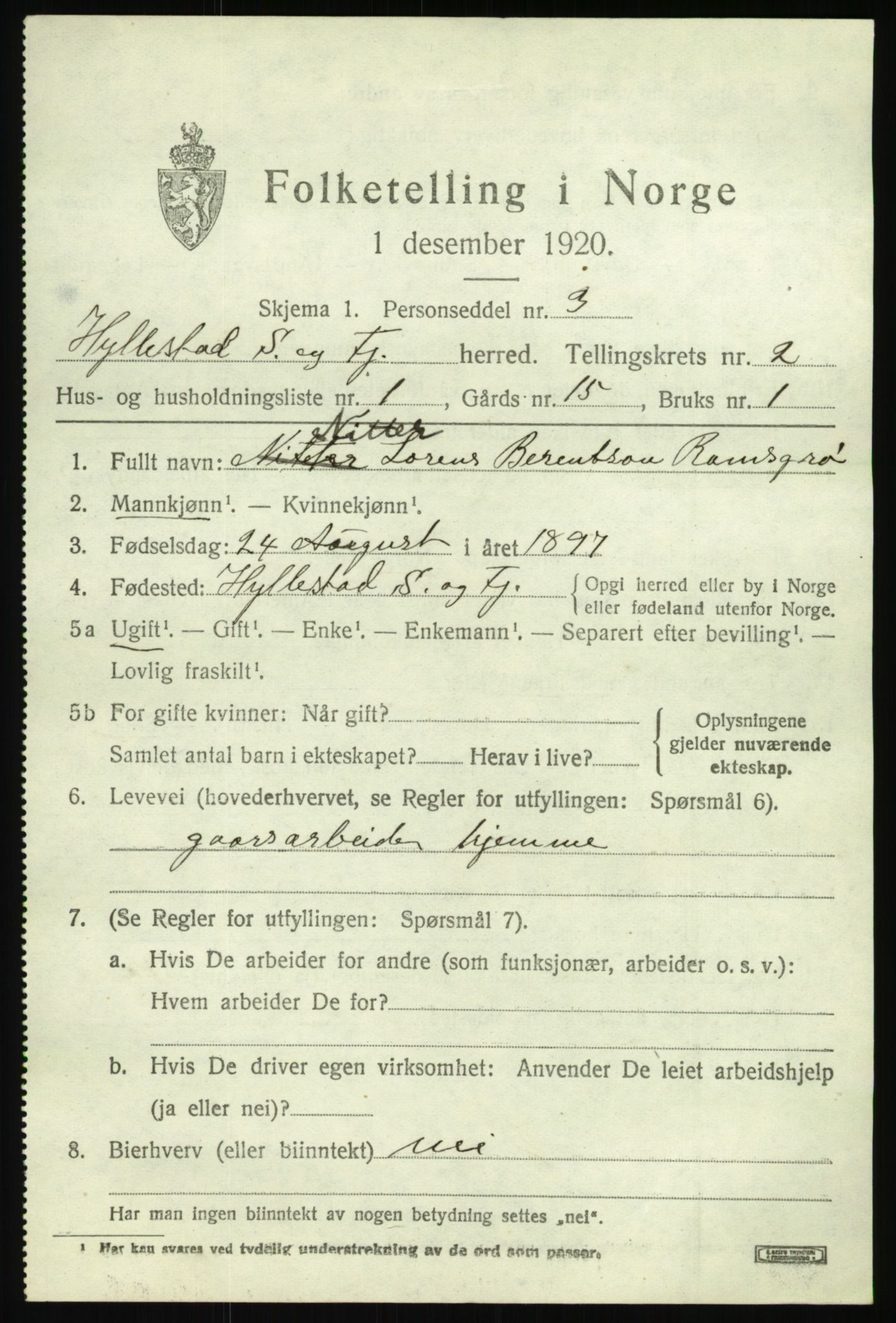 SAB, 1920 census for Hyllestad, 1920, p. 1382